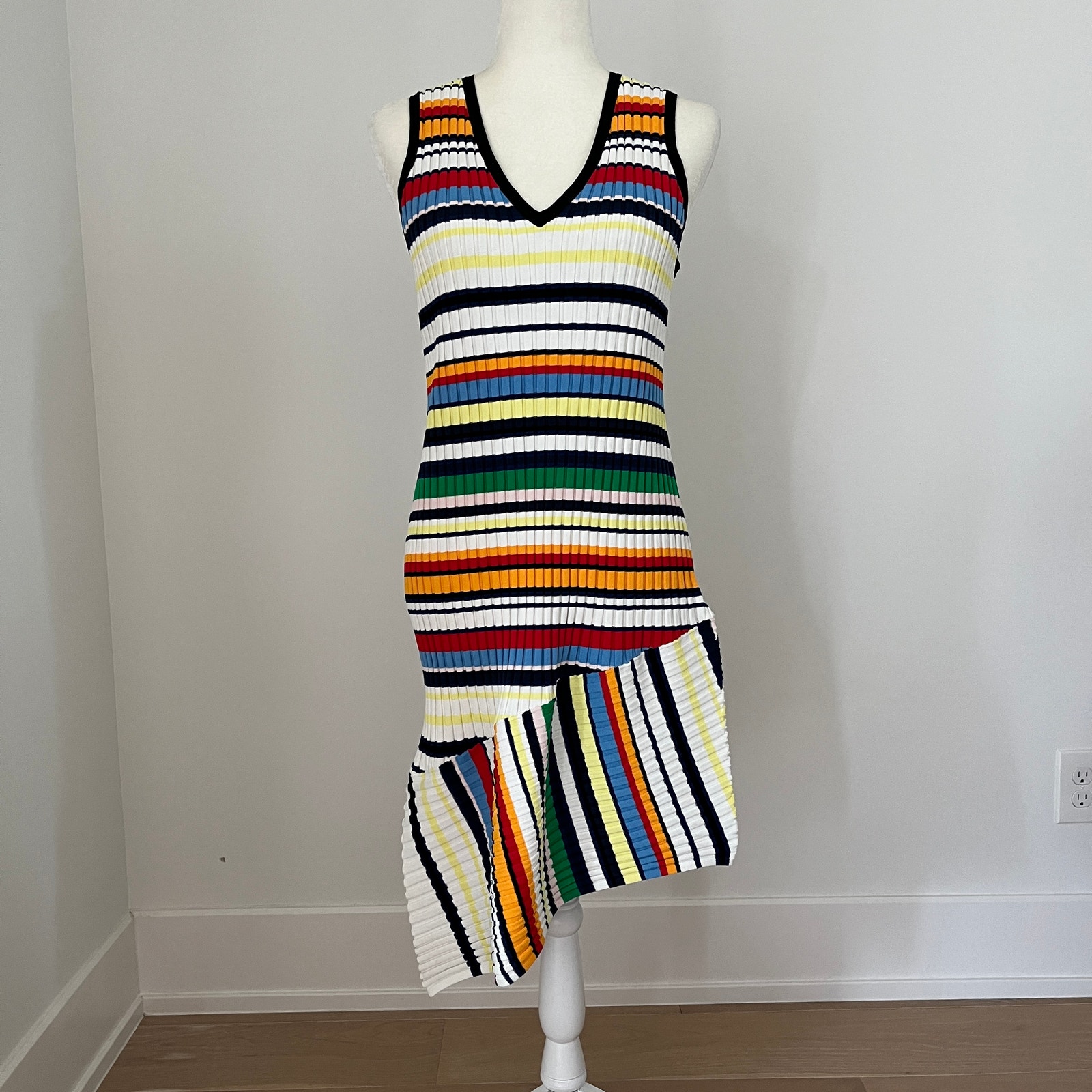 Milly Multicolor Striped Ribbed Sleeveless Midi Dress Asymmetrical Hem Large