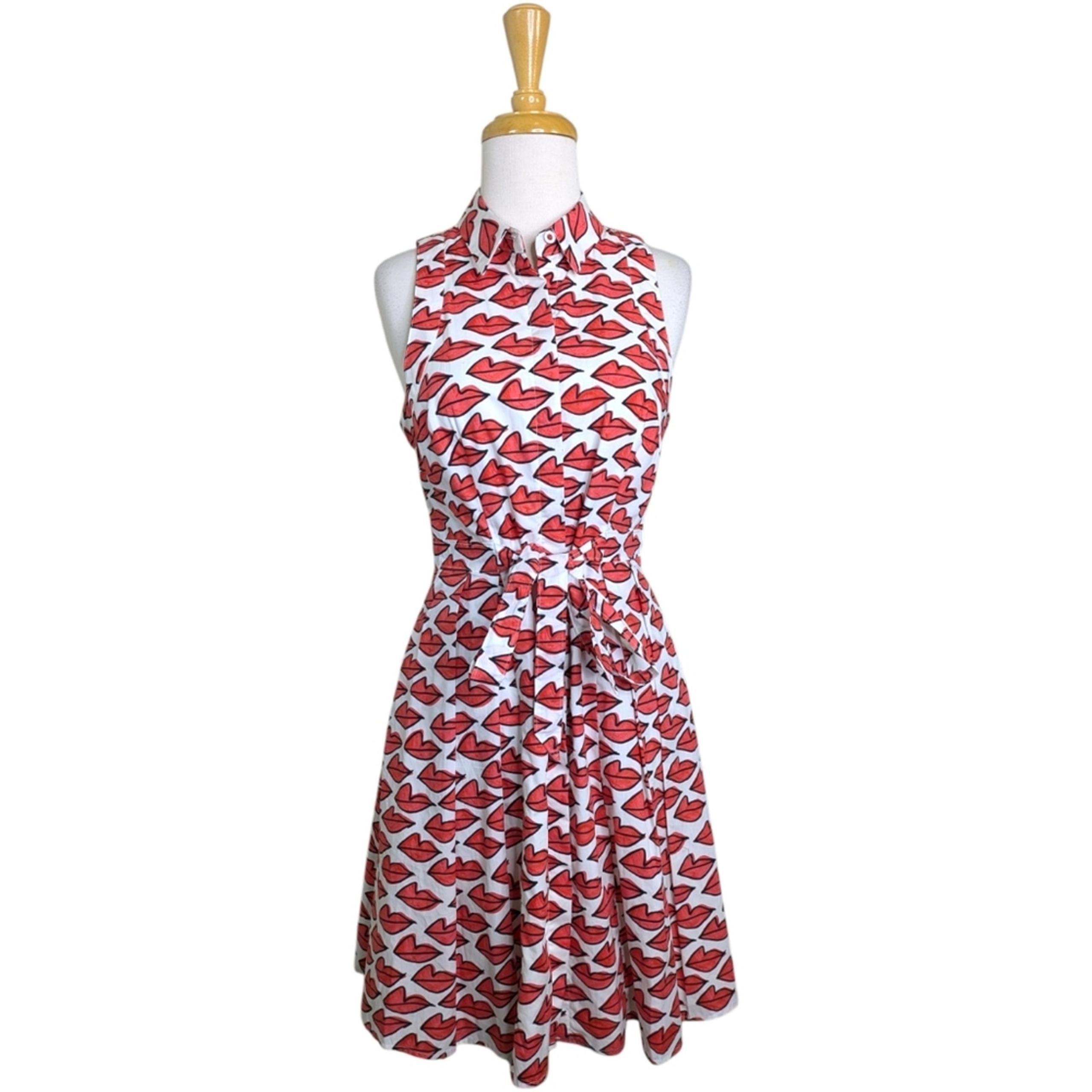 Anthropologie Ann Howell Bullard Shirt Dress Womens 4 Lips Print Red White Butto