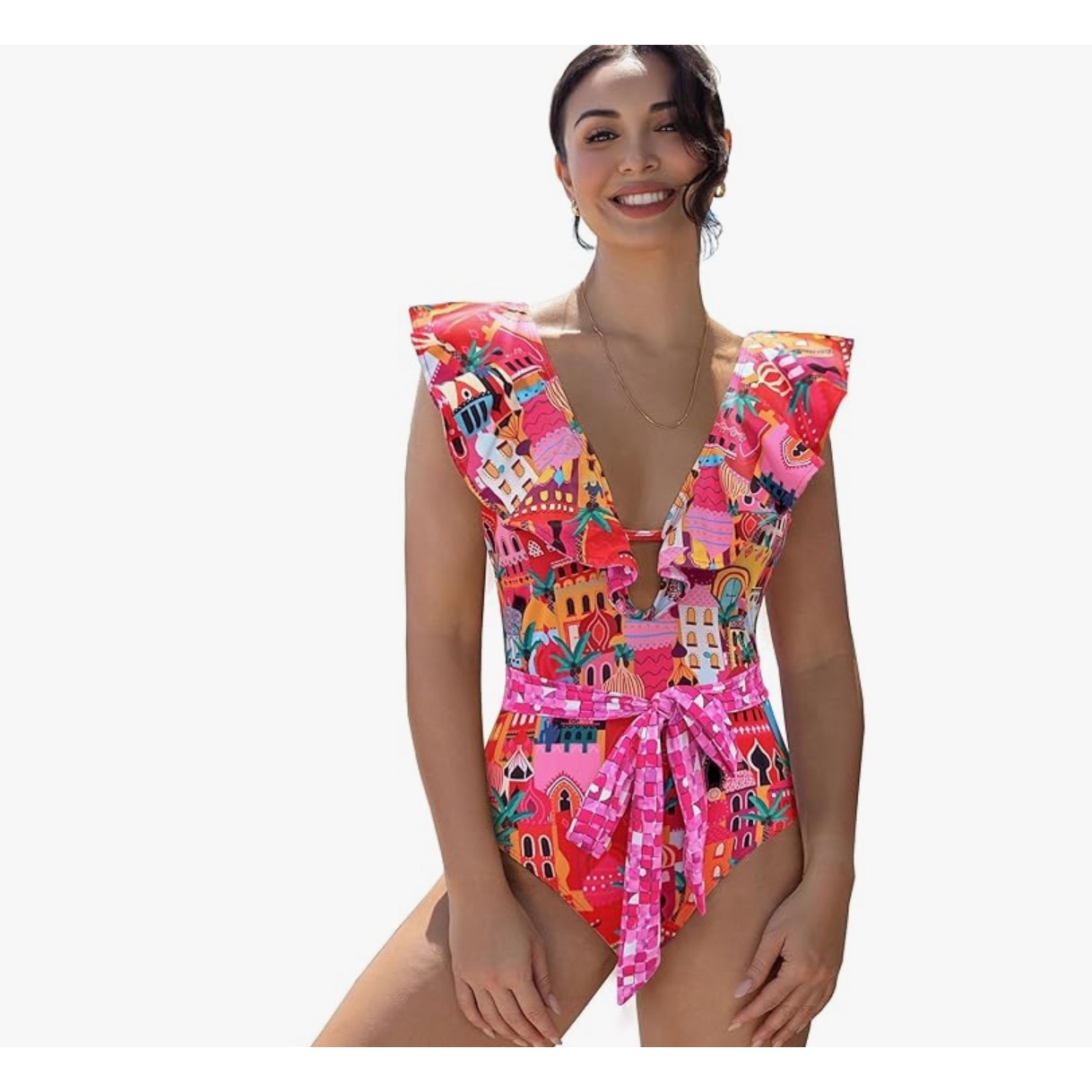 SPORLIKE Women One Piece Swimsuit V-Neck Ruffle Bathing Suit Padded Monokini NWT