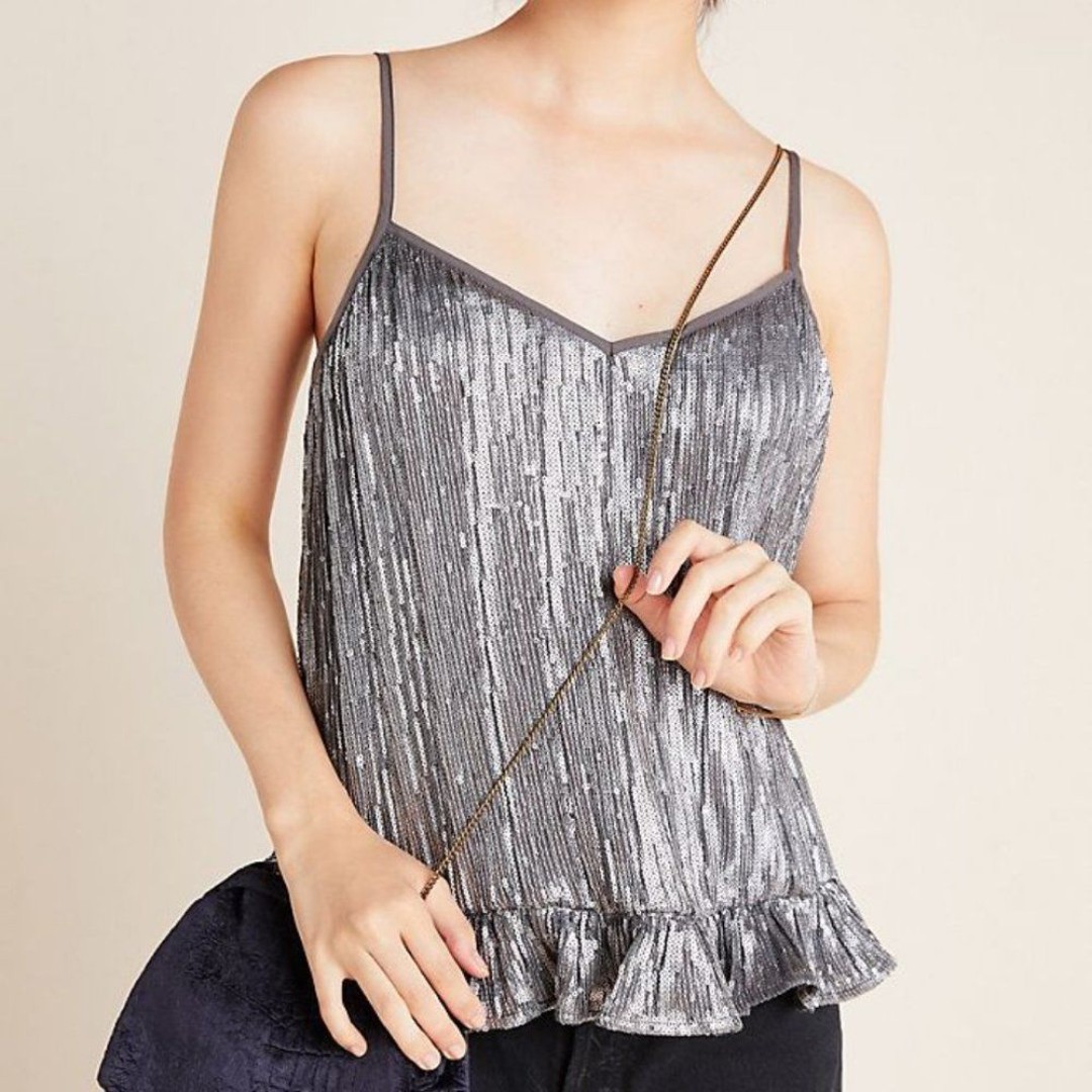 Silver Anthropologie Sequin Ruffle Hem Sleeveless Cami Top (NWT)
