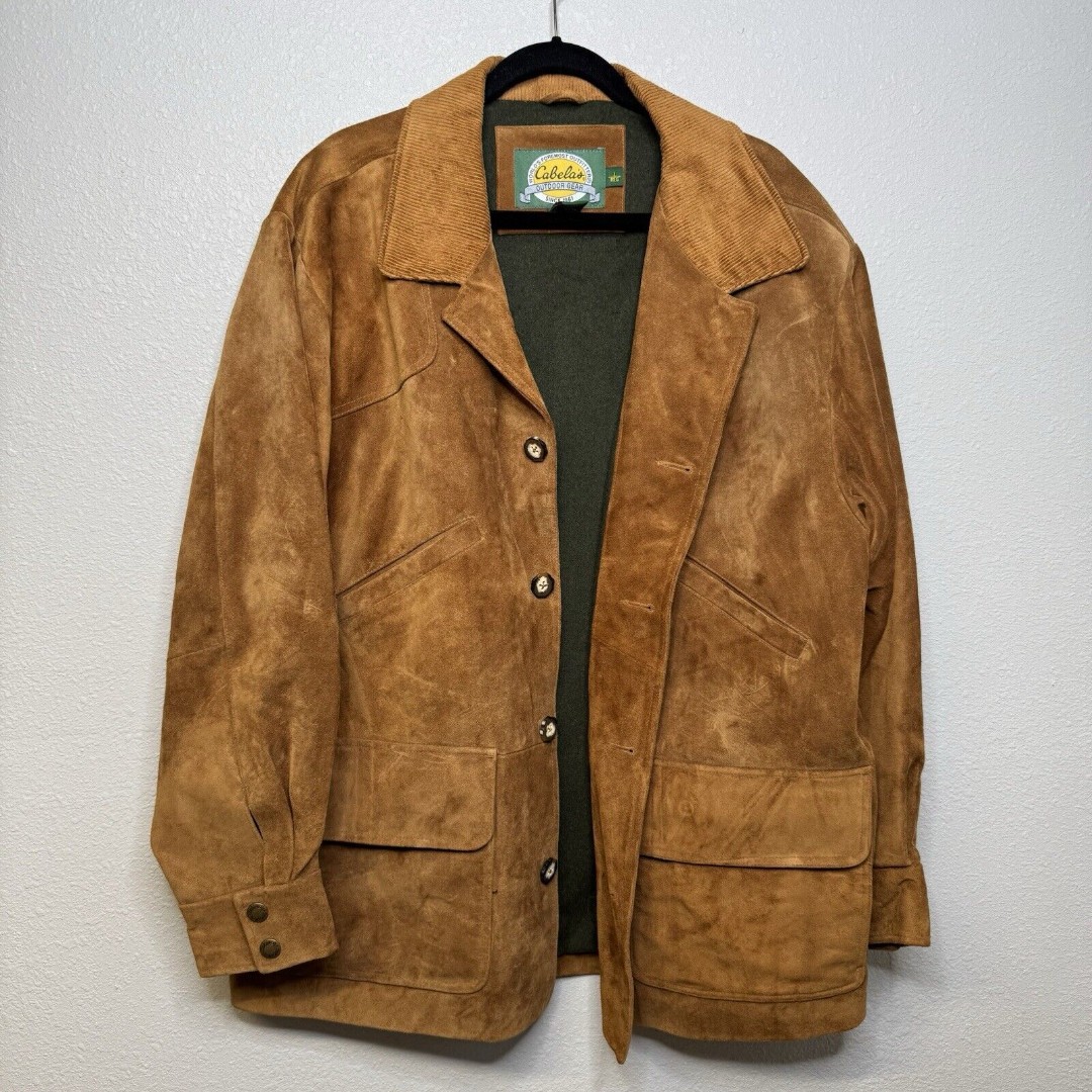 Cabela's Outdoor Series Brown Suede Leather Coat Wool Lined Size L Reg