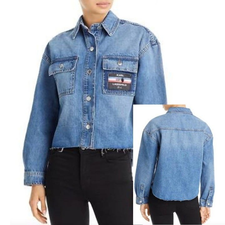 Karl Lagerfeld Paris Women's Size M Blue Denim Cut Off Jacket