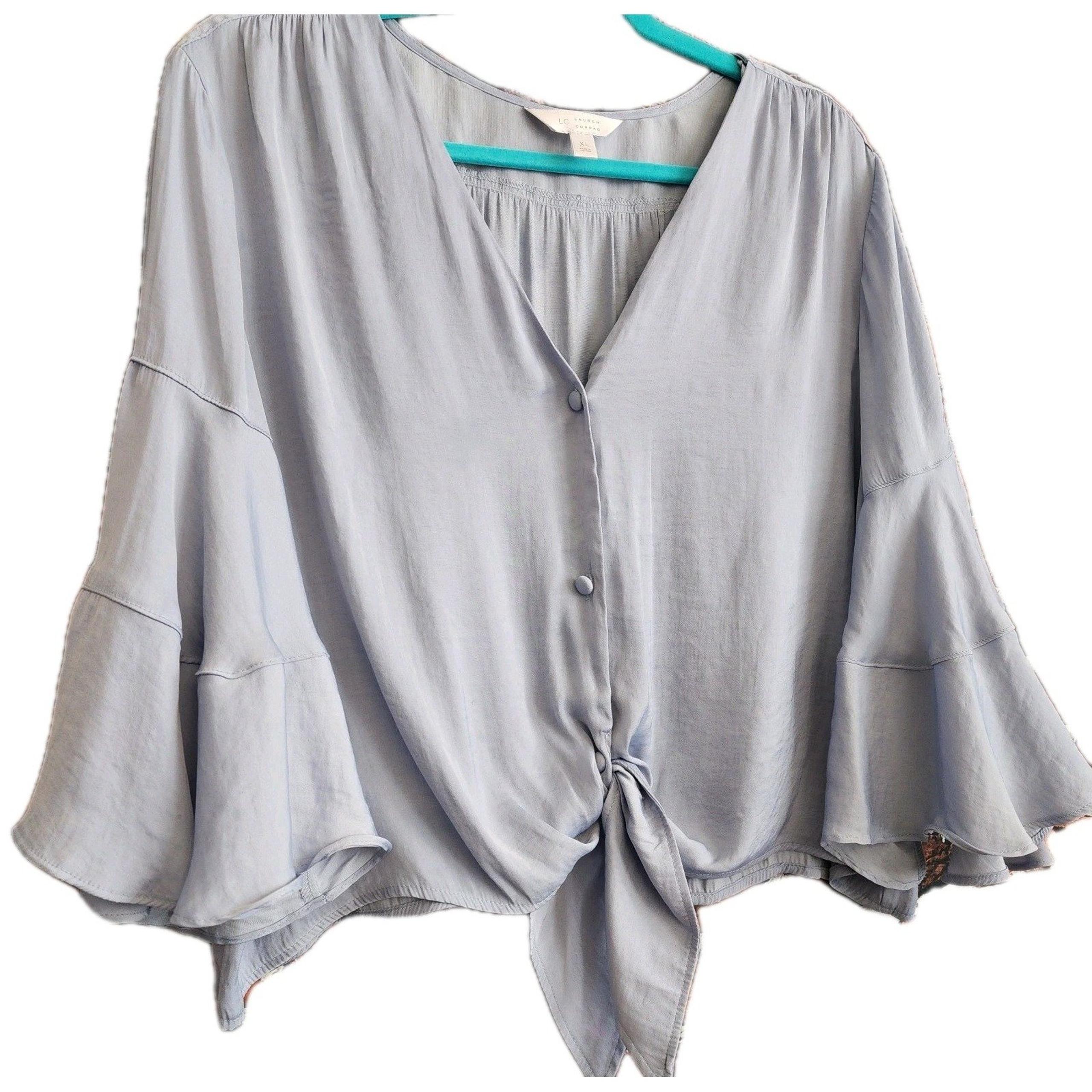 Womens Silk Blouse XL Coquette Bohemian Whimsy Fairy Cottagecore Pastel Blue Y2K