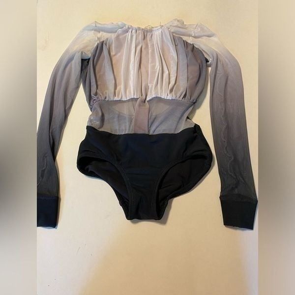 Patrick J designs dance costume black, white, ombre mesh, long sleeve leotard CL