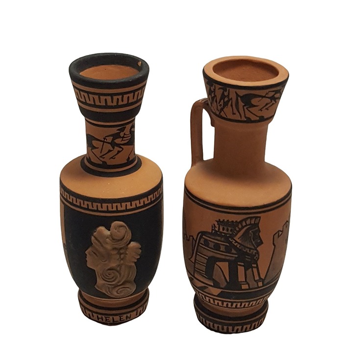 Two Terra Cotta Folk Art Hand Painted Vases Helen Of Troy