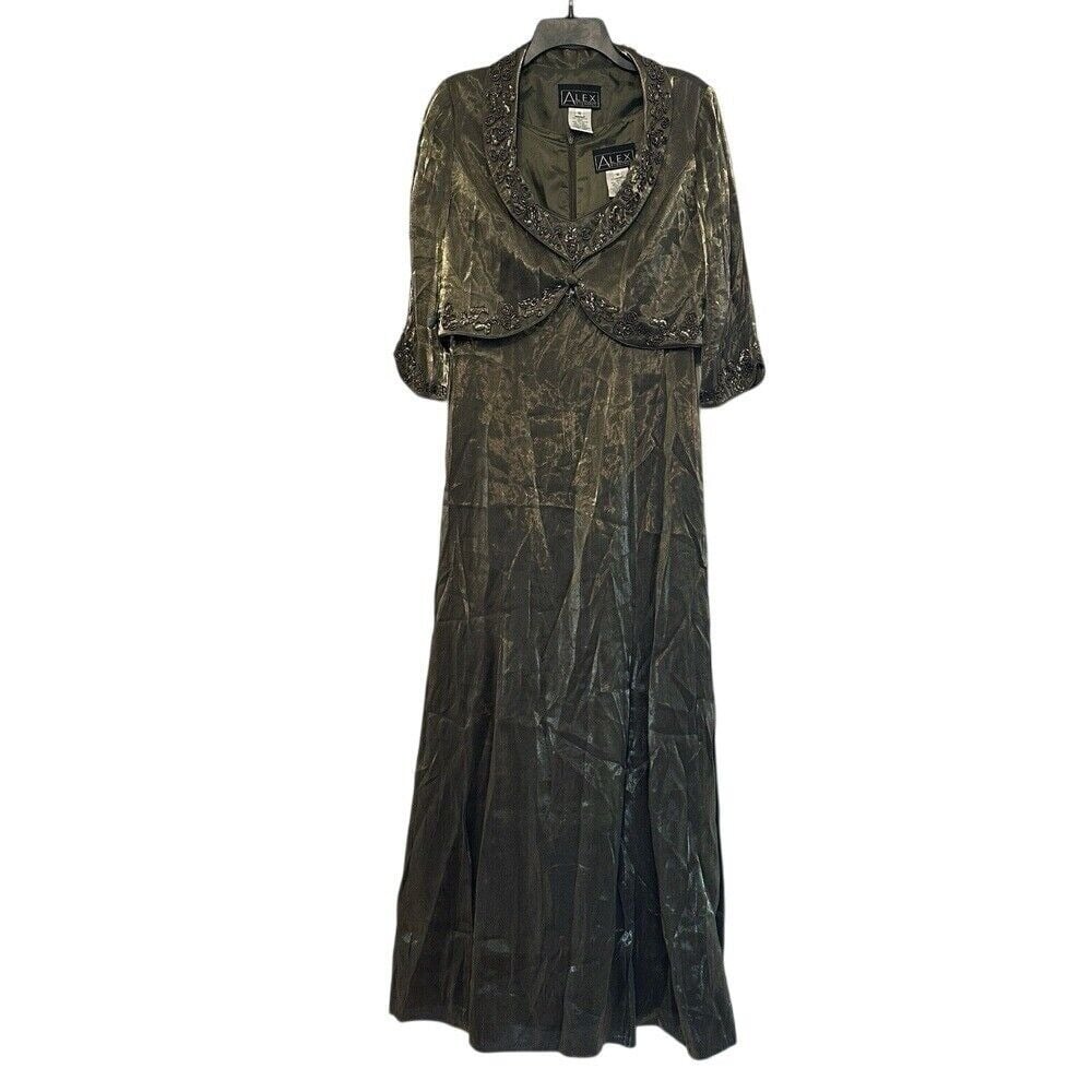 Alex Evenings Women's 10 Maxi Dress W/ Jacket Green Beaded Set Formal Metallic