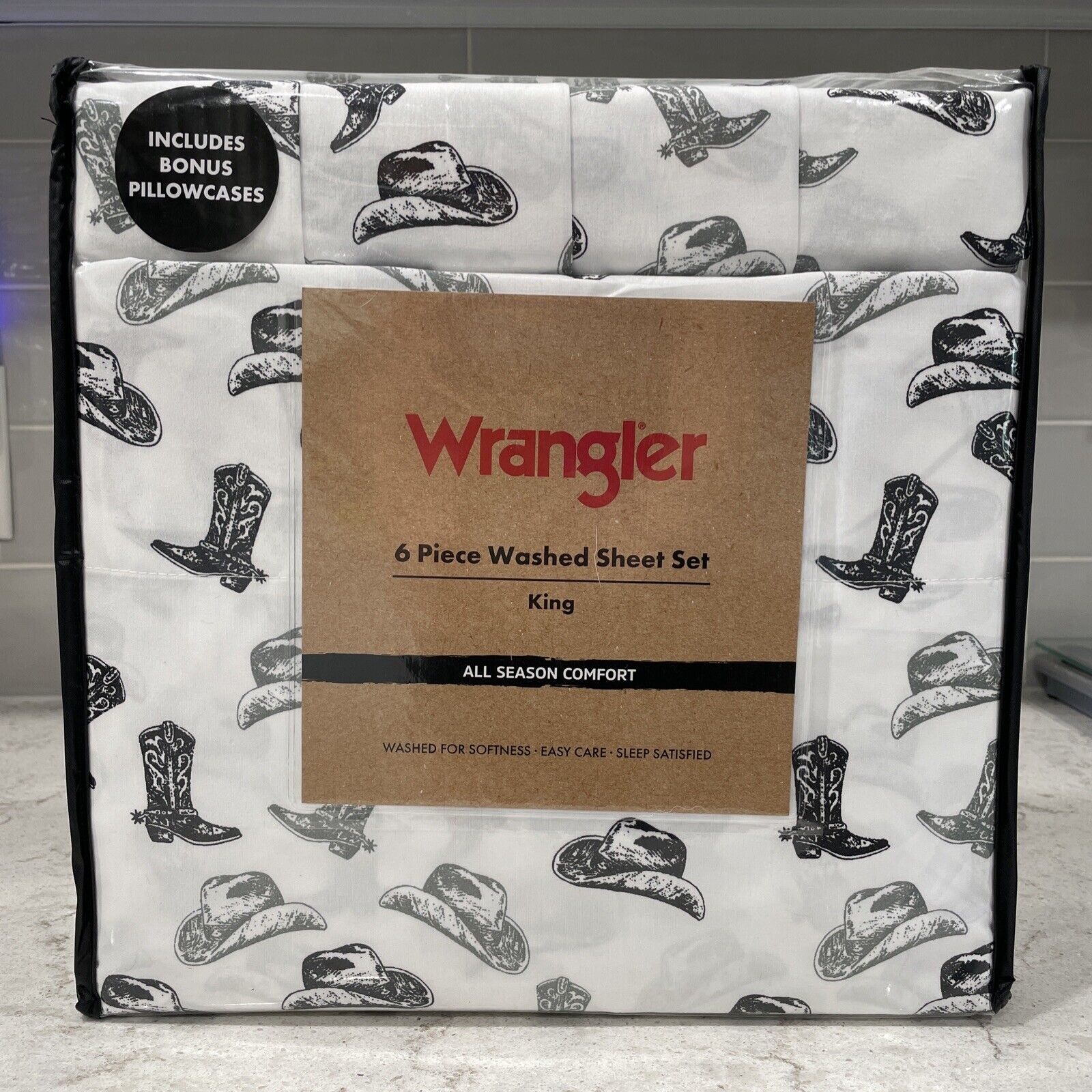 Wrangler 6 piece Washed King Size Sheet Set Cowboy Boots Hats Western