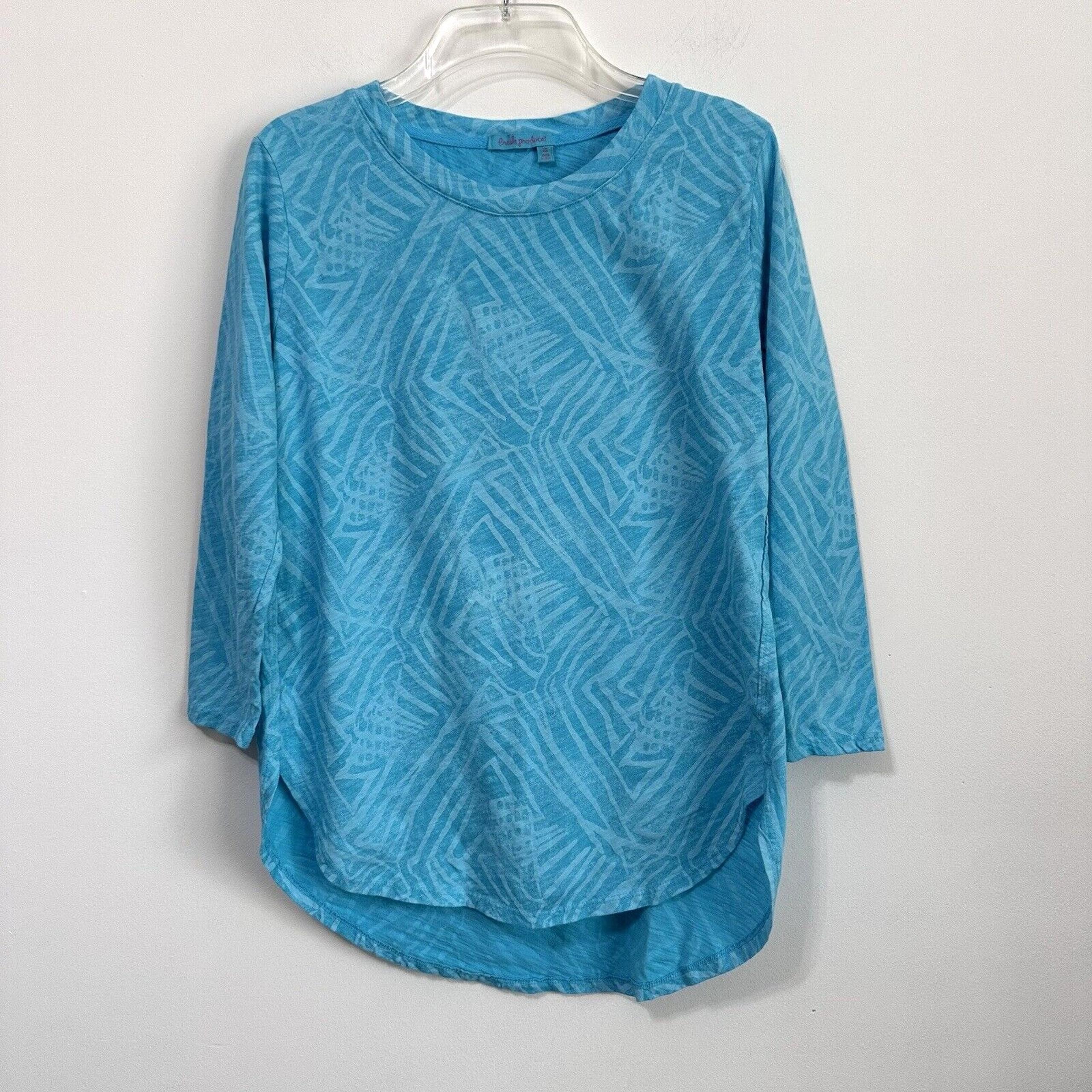 Fresh Produce Top XS Geo Pullover Aqua 3/4 Sleeve High Low Hem Casual Summer