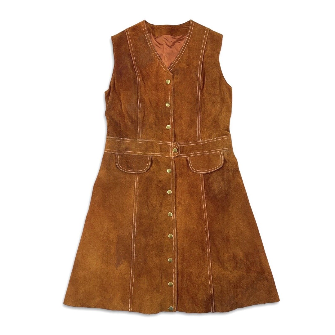 VINTAGE WOMENS XS SUEDE LEATHER BROWN SLEEVELESS SNAP JUMPER DRESS HIPPIE 60'S