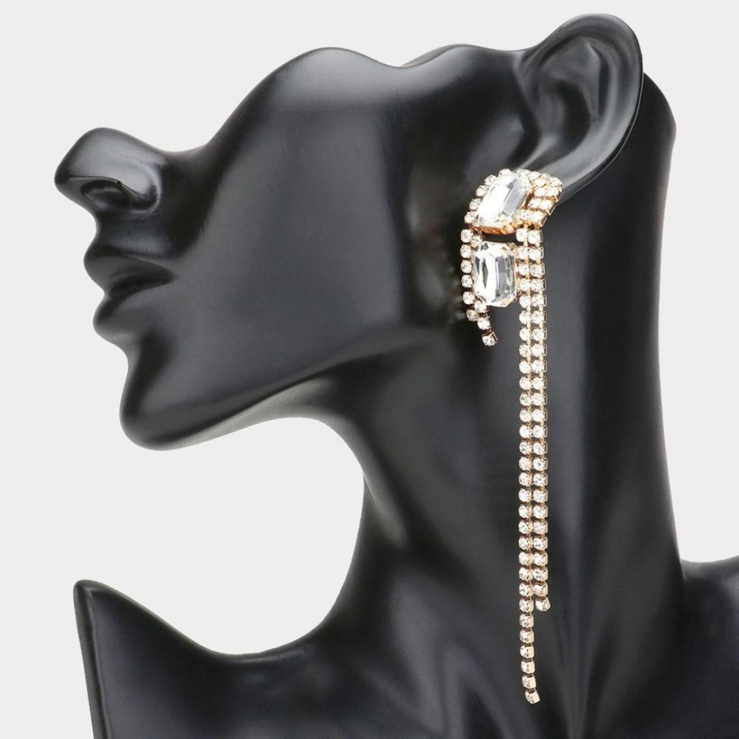 Gold Cluster Fringe Crystal Dangle Earrings 5" Tassel Rectangle Jewelry