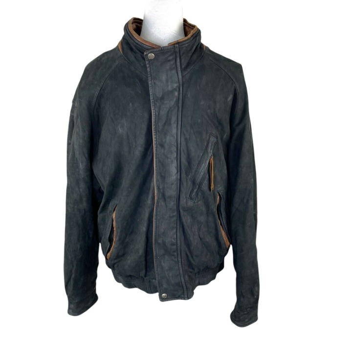 Lone Pine mens Nubuck leather bomber jacket sz 42 Black Brown Lined Pockets