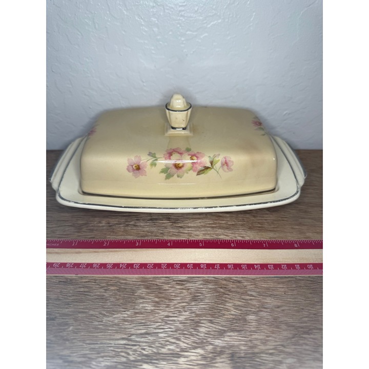 Homer Laughlin Vintage Floral Butter Dish Circa 1940 Ceramic Beige & Pink Desig