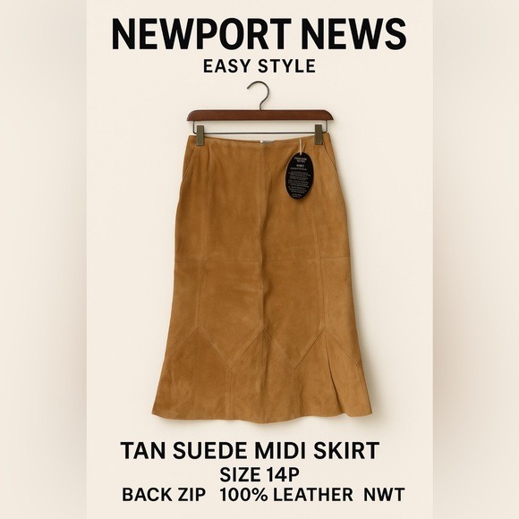 Newport News Easy Style Tan Suede Midi Skirt Size 14P Back Zip 100% Leather NWT