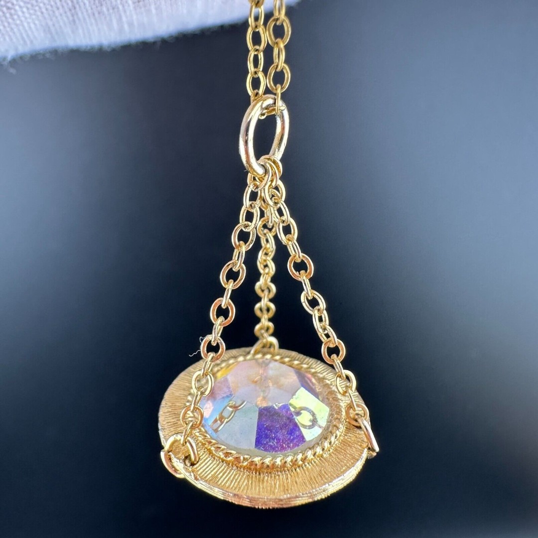 Yellow Gold Filled Round Dangle AB Crystal Pendant Chain Necklace Scale Law VTG