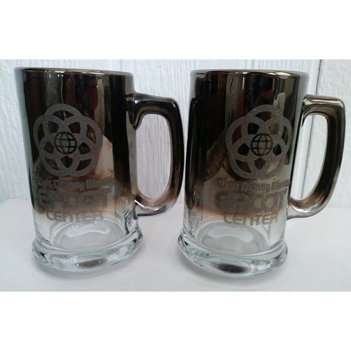 2 Mugs Set Disney World Epcot Center Mirrored Glass Souvenir Silver Chrome Ombre