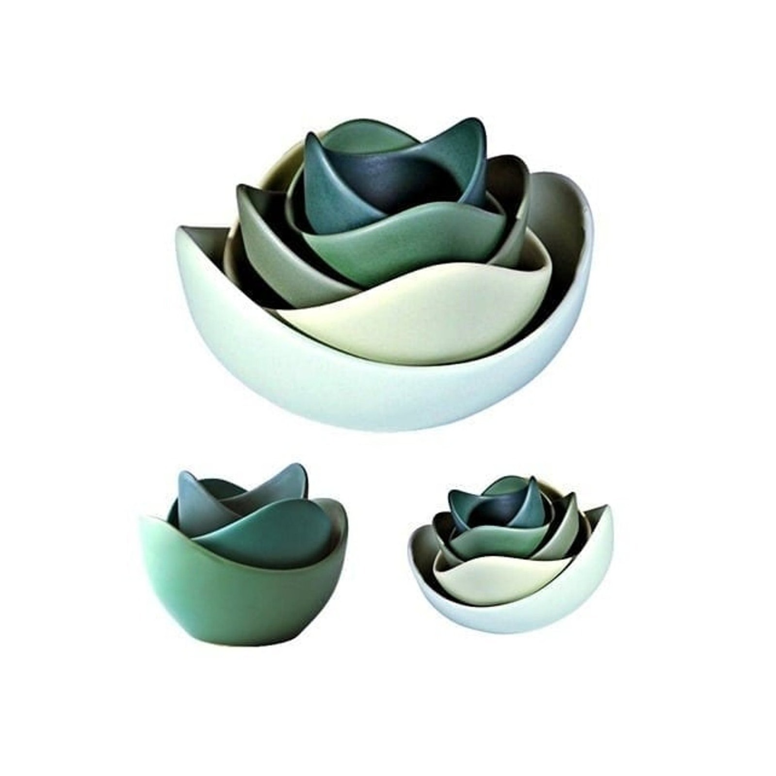 5 Bowls Ceramic Decorative Lotus Flower Theme Jade Green Shades Unique Gift Set