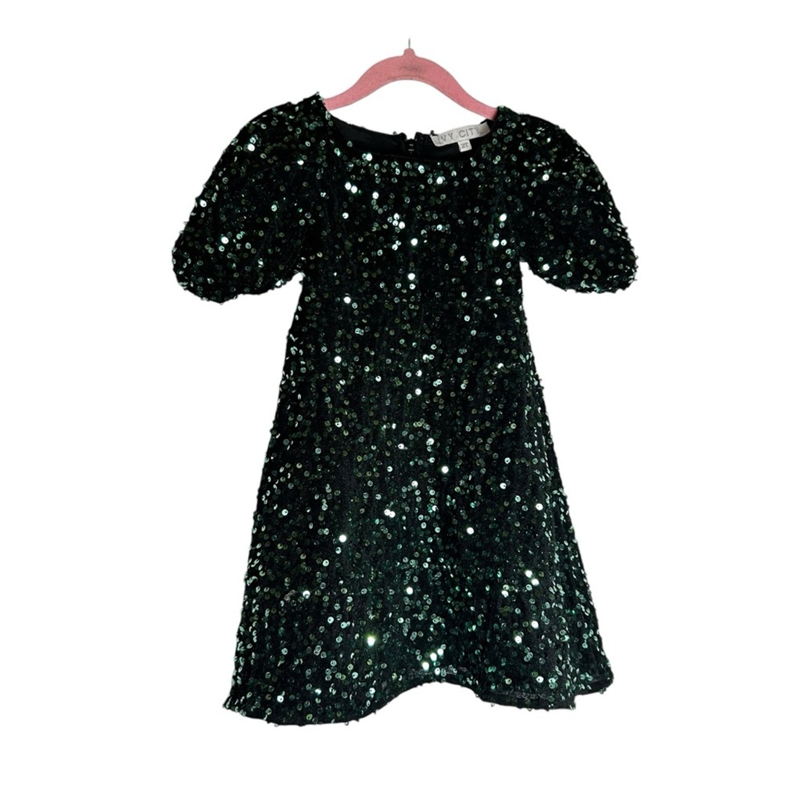 Ivy City Co Mini Vivian Dress Green Sequin Puff Sleeve Holiday Midi Size 2T