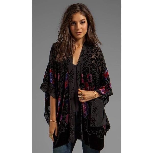 Revolve, Anna Sui Rose Border Burnout Velvet Open Cardigan in Black Multi PS