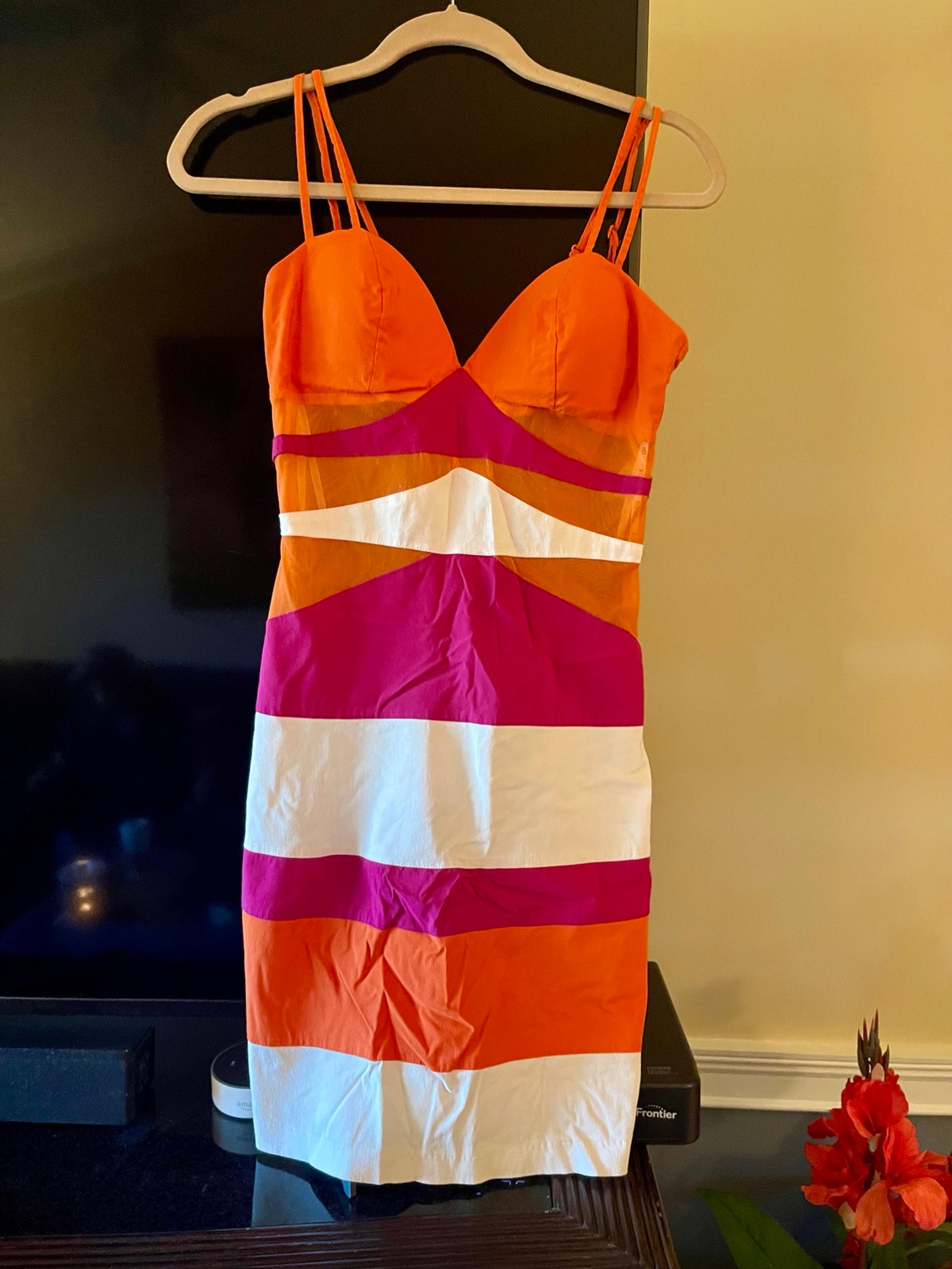 XOXO Colorblock Zip-Up Dress Orange Pink Sheer Panels Stretch Size 7/8.