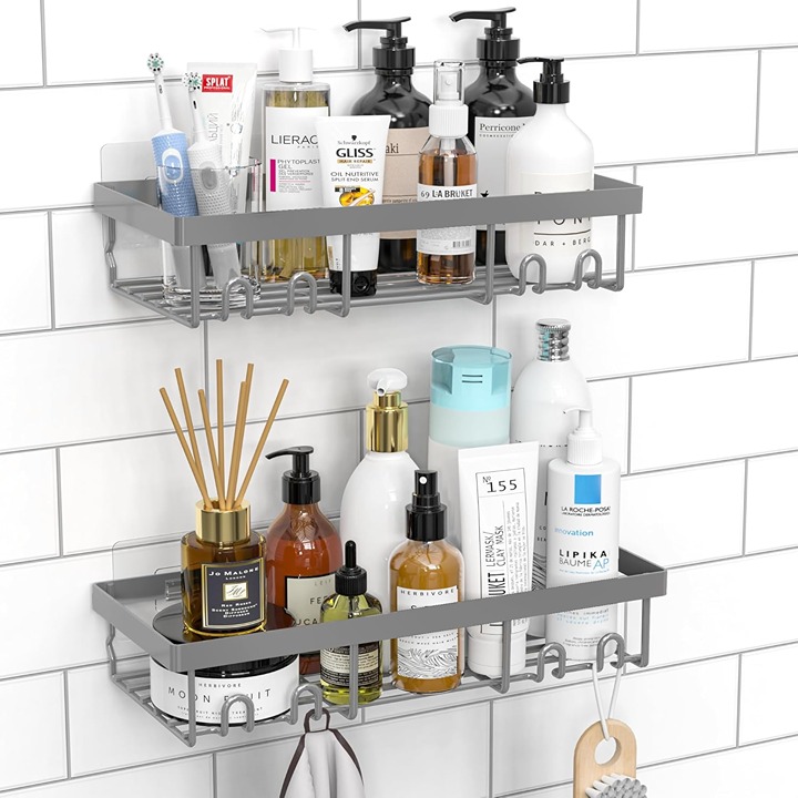 Moforoco Shower Caddy Shelf Organizer Rack, Self Adhesive Black Bathroom Shelves