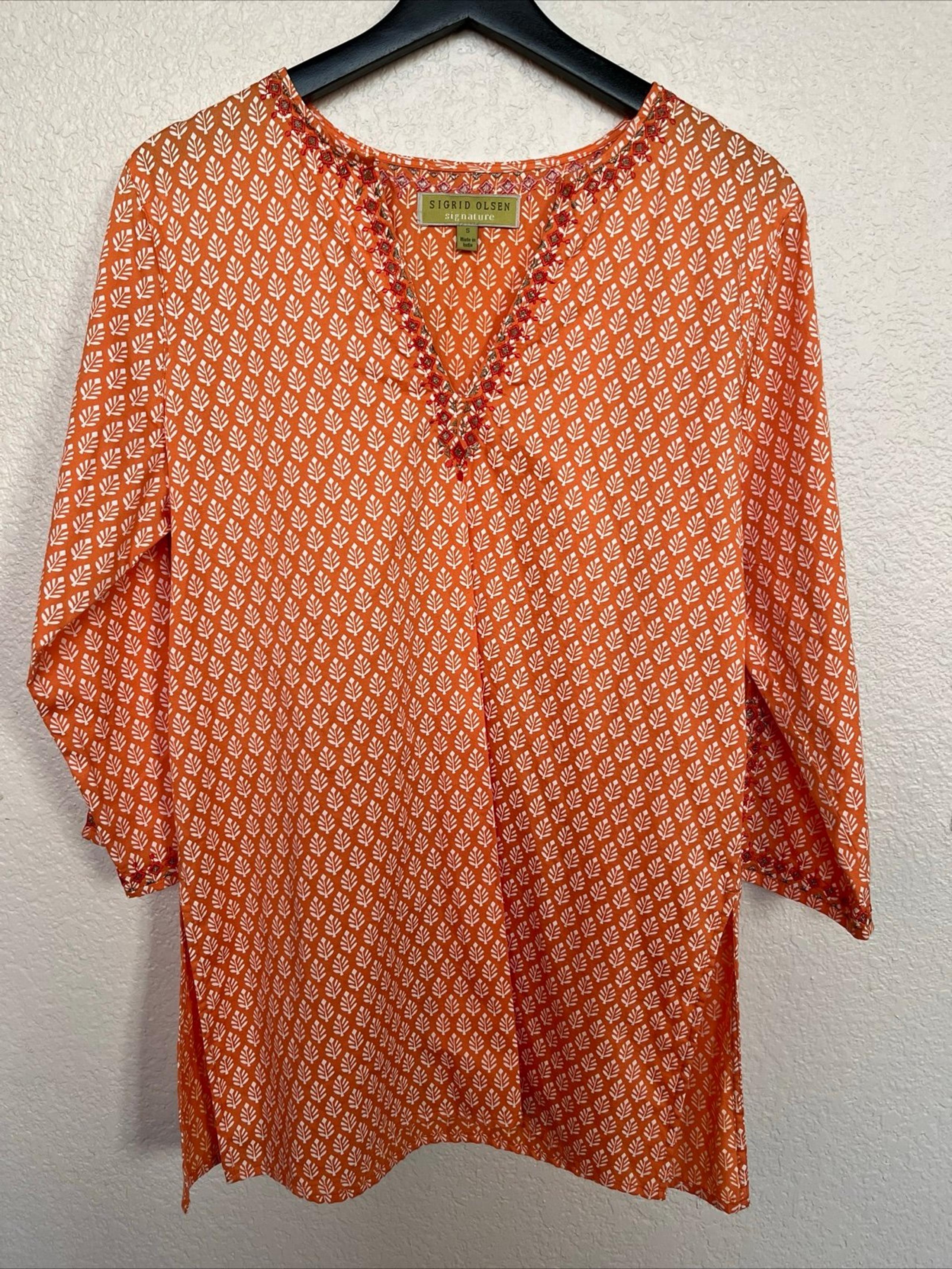 sigrid olsen Women’s Small Print Embellished Orange Tunic Top Slit Sleeves Sides