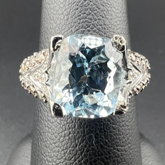 LE VIAN 14K WG WHITE GOLD AQUAMARINE & CHOCOLATE VANILLA DIAMOND RING SZ 7