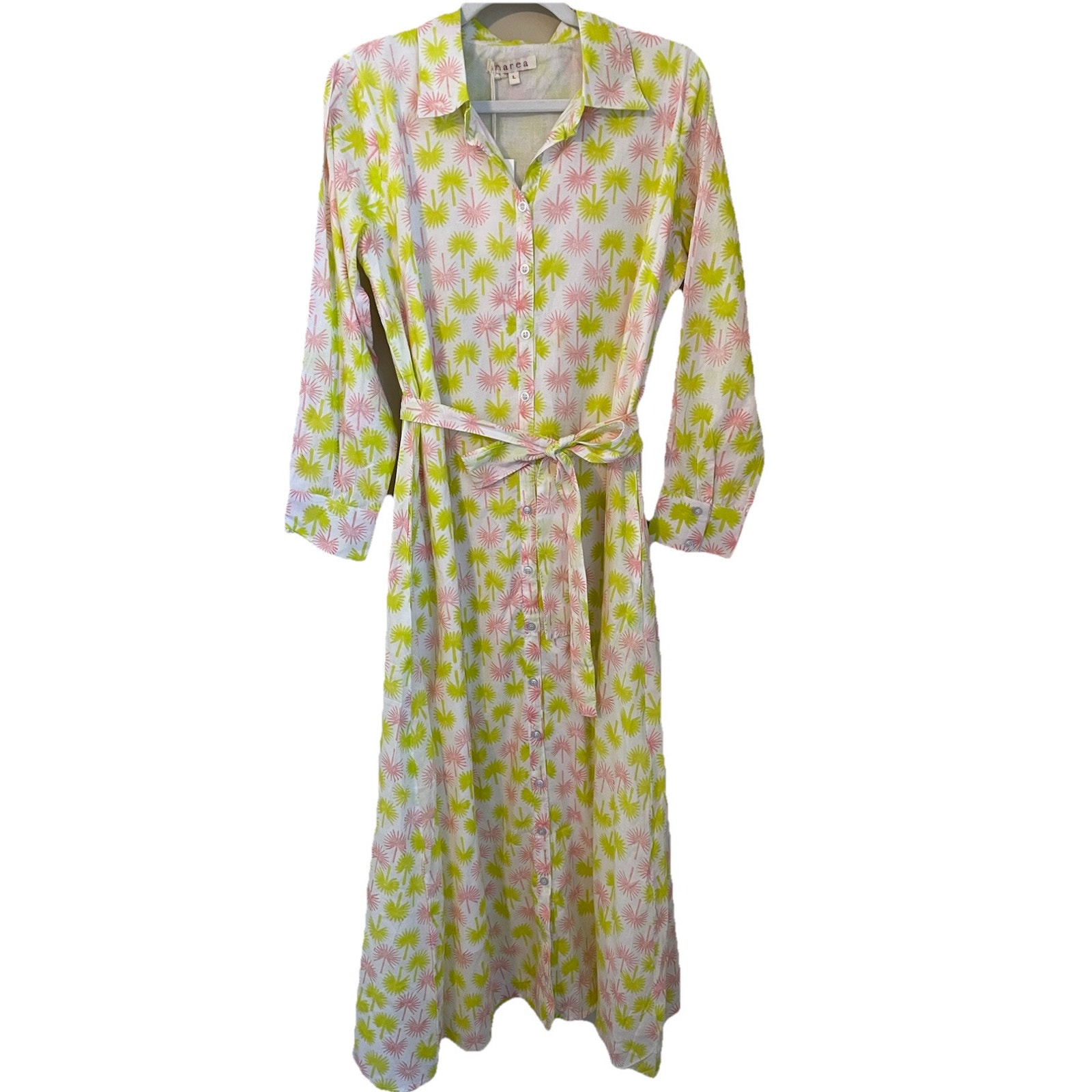 Marea Size L Golden Hour Midi Shirt Dress Palm Print Cotton