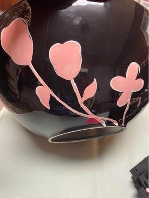 Mary Kay Black & Pink Floral Porcelain Salad Bowl With Serving Fork & Spoon, Nap
