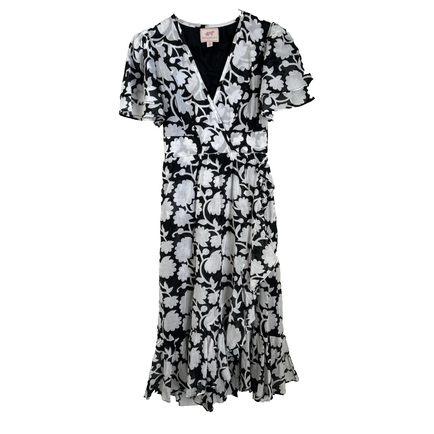 Banjanan Cotton Maxi Dress In Shadow Bloom Black Size M Tiered Flutter Sleeves