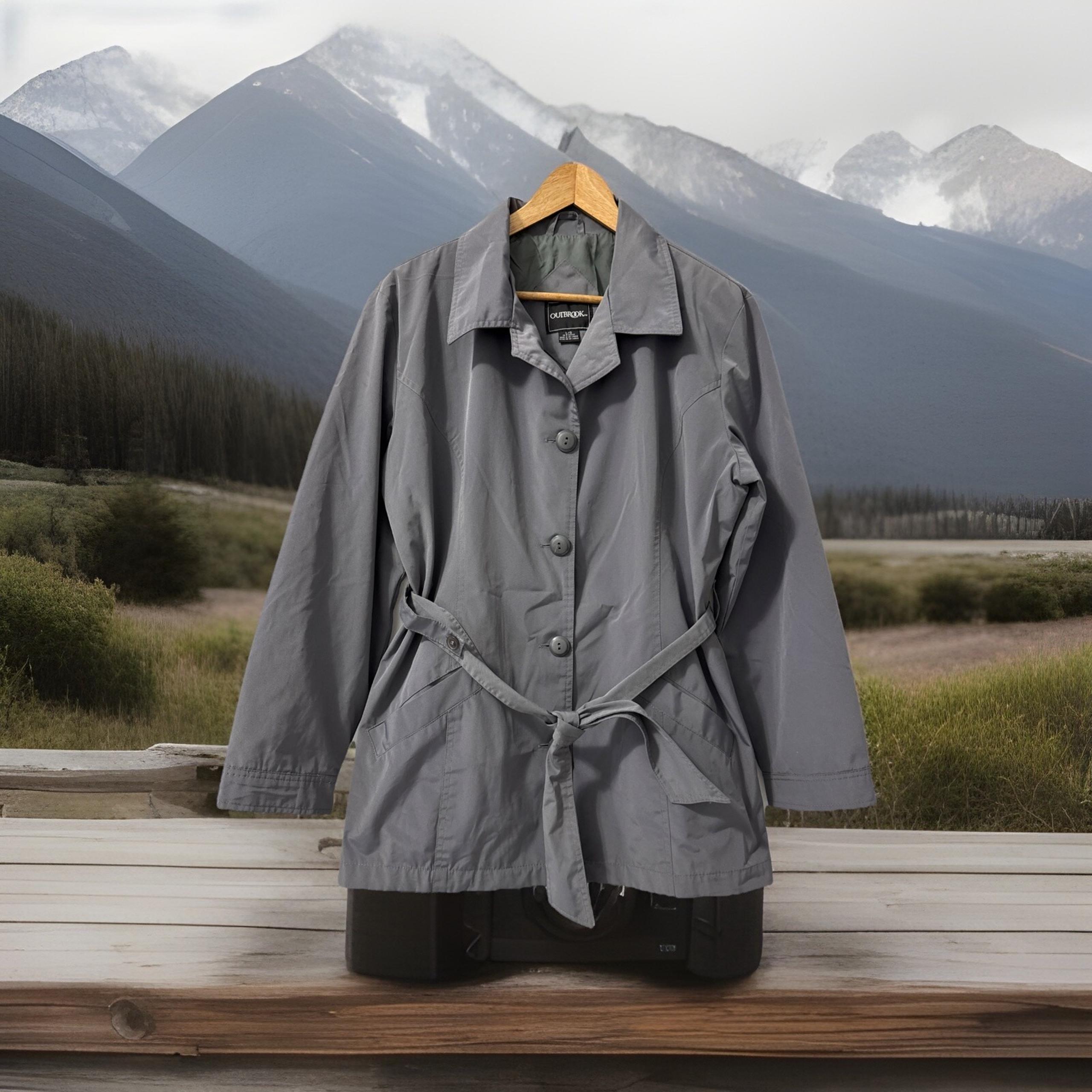 OutBrook Women's Gray Rain Coat Button Jacket Lined Belted Pockets Size L