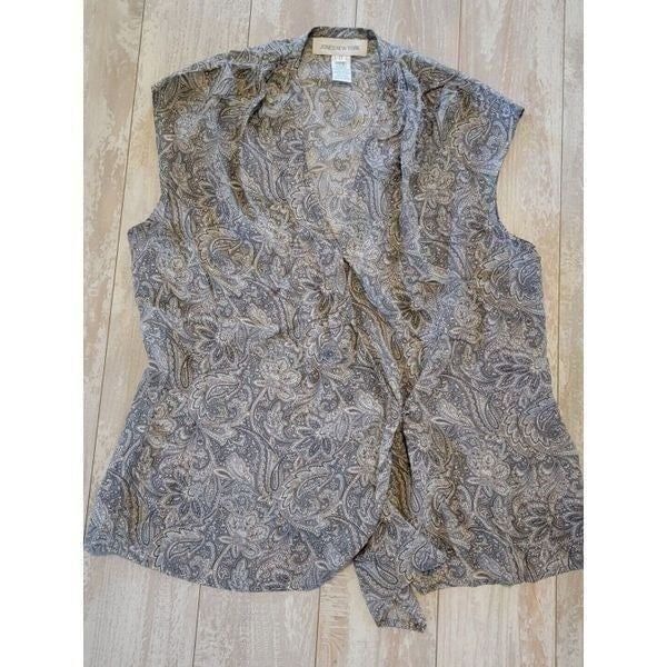 Jones New York 12 100% Silk Paisley V- Neck Chiffon Taupe Tank Top Size 12