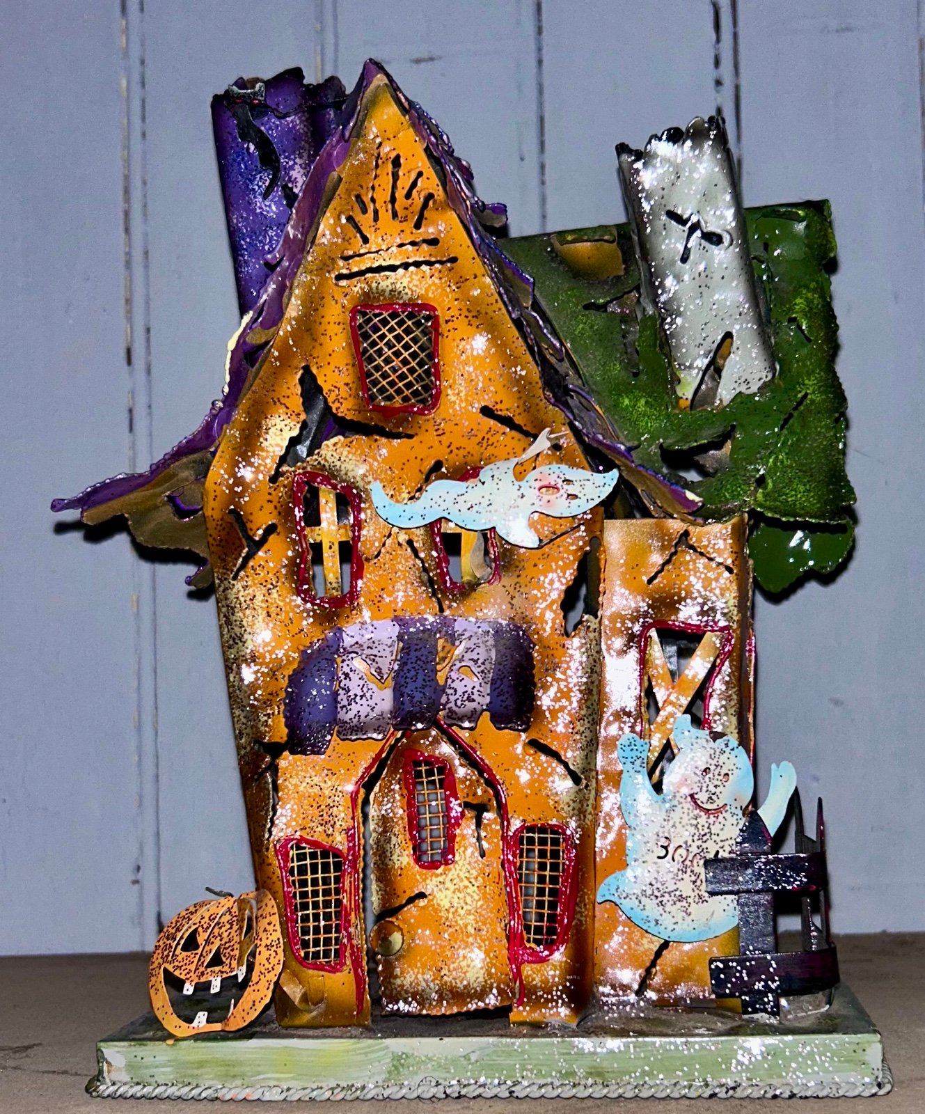 Vintage metal Halloween tea light holder house decor