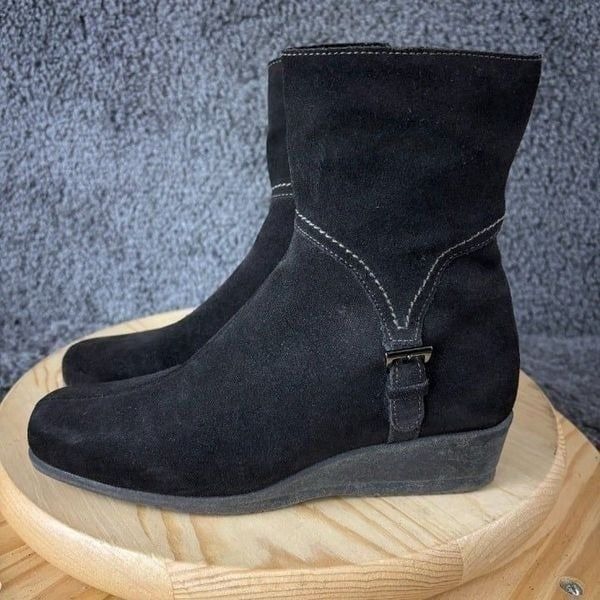 La Canadienne Sanford Suede Wedge Boots Womens 7 Black Side Zip Made in Canada