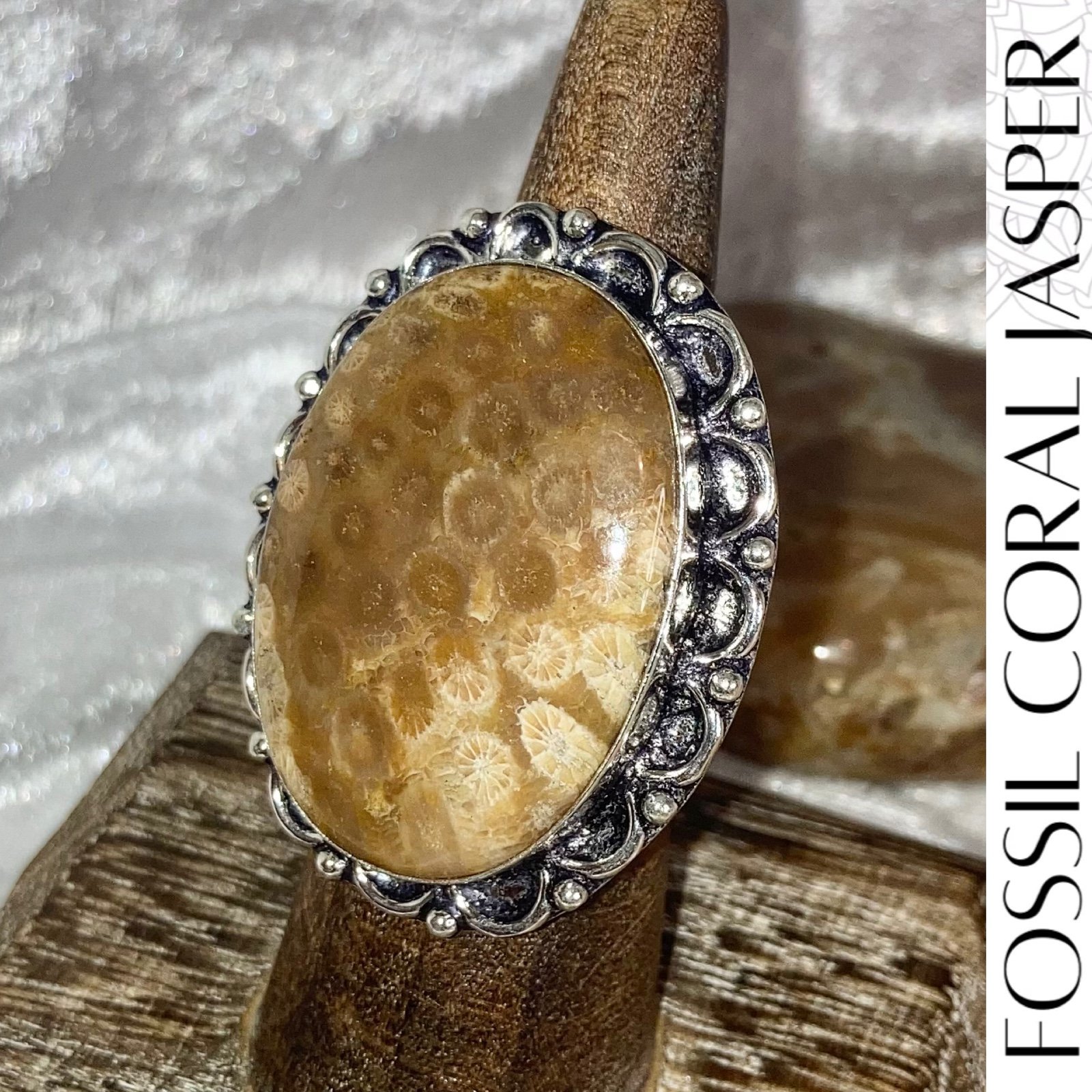 Chrysanthemum Fossil Coral Gemstone Handmade Halo Ring