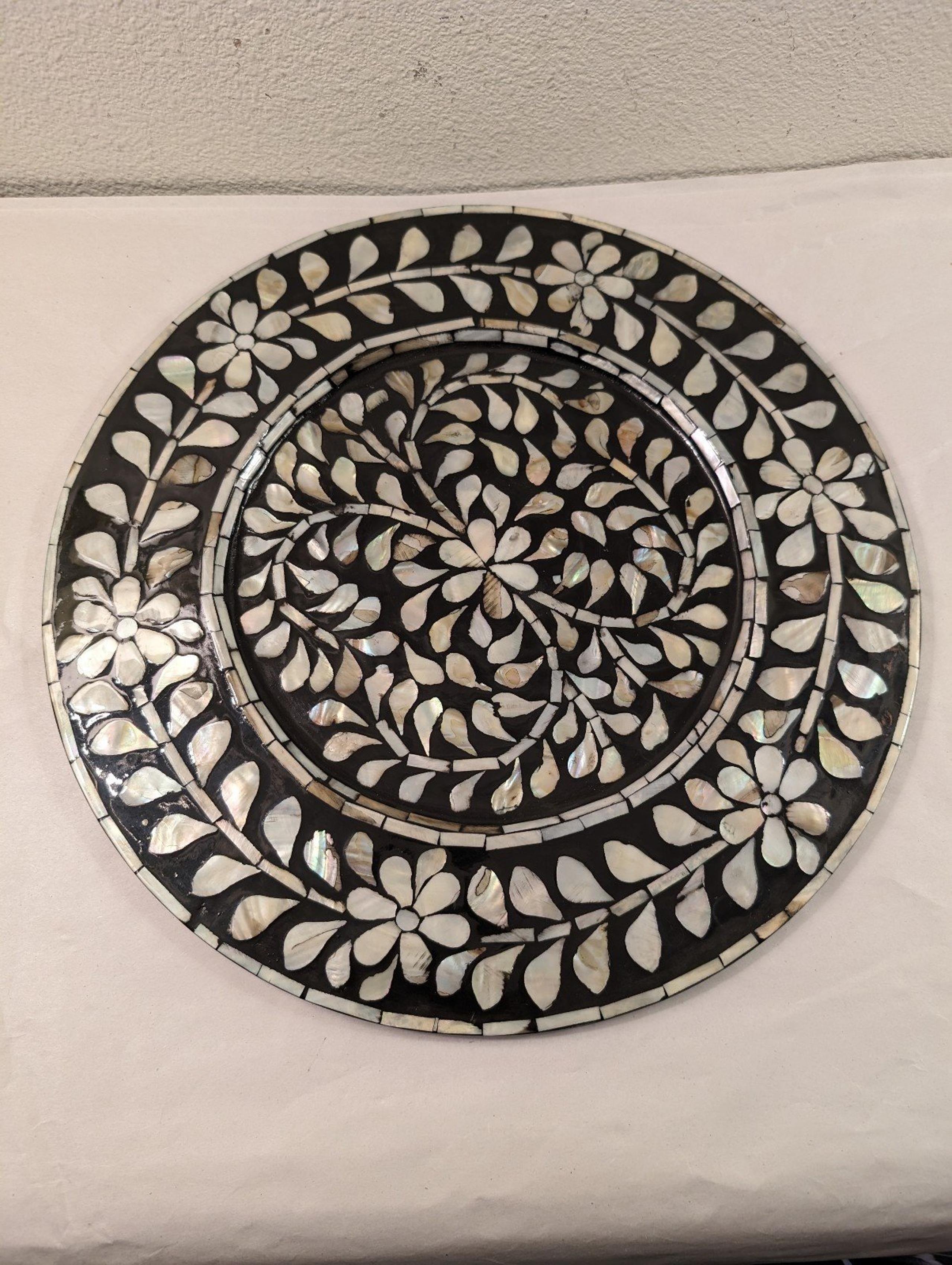 Pier 1 Mother of Pearl Inlay Black Floral Wooden Charger Plate 13"
