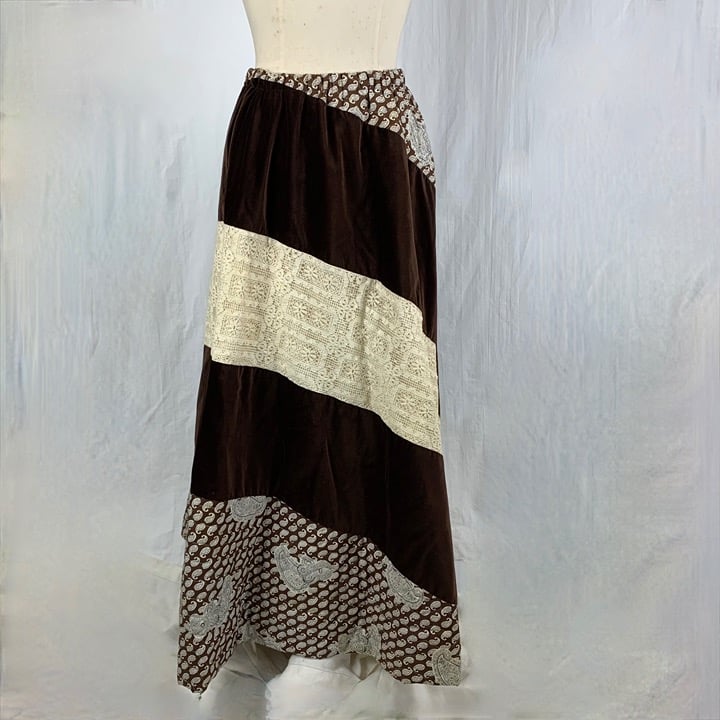 1970 Chessa Davis Maxi Skirt ALine wBelt Slope Patchwork Brown Velvet Lace Quilt