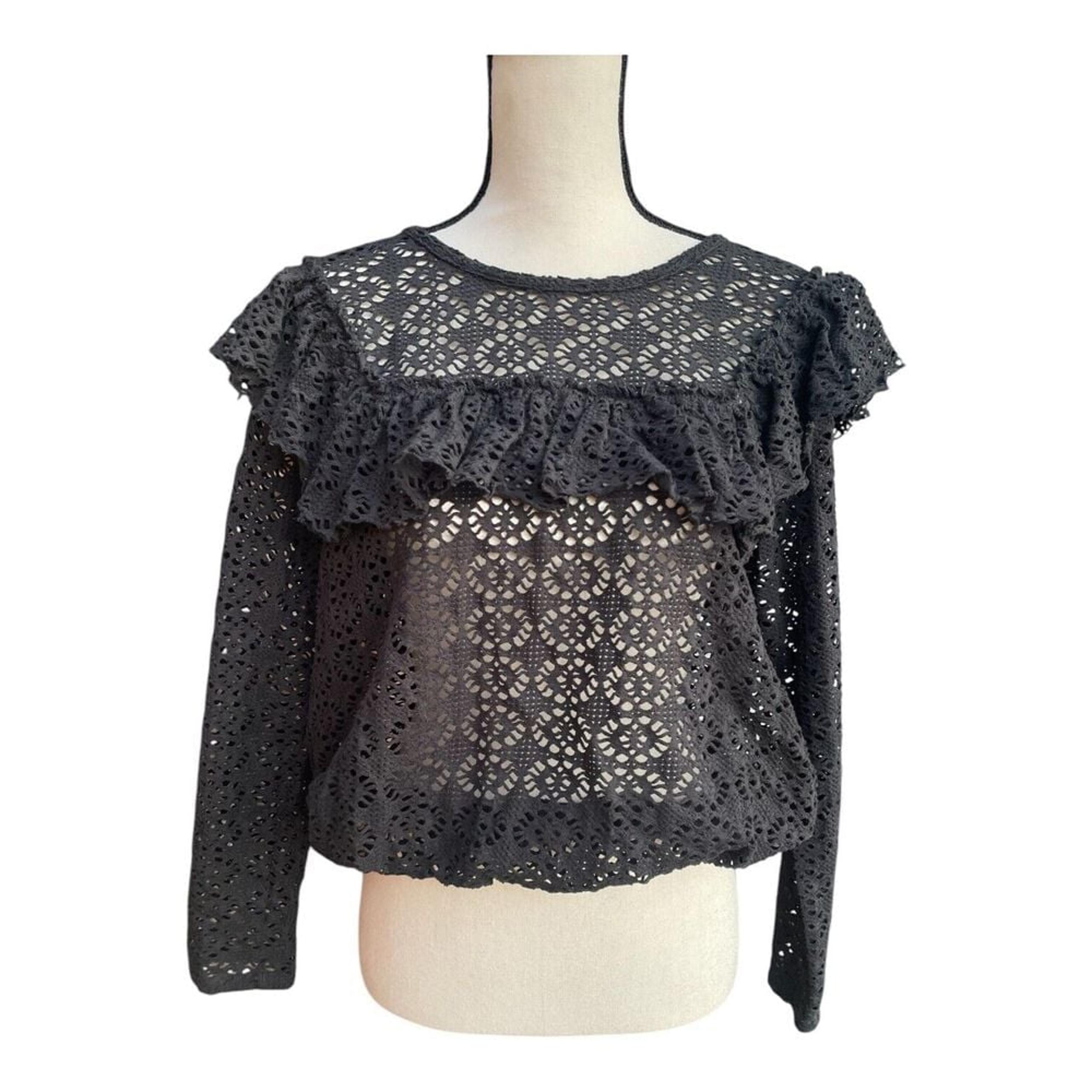 Free People Beach Crochet Top Women's Small "Feel the Love" Black Open Knit