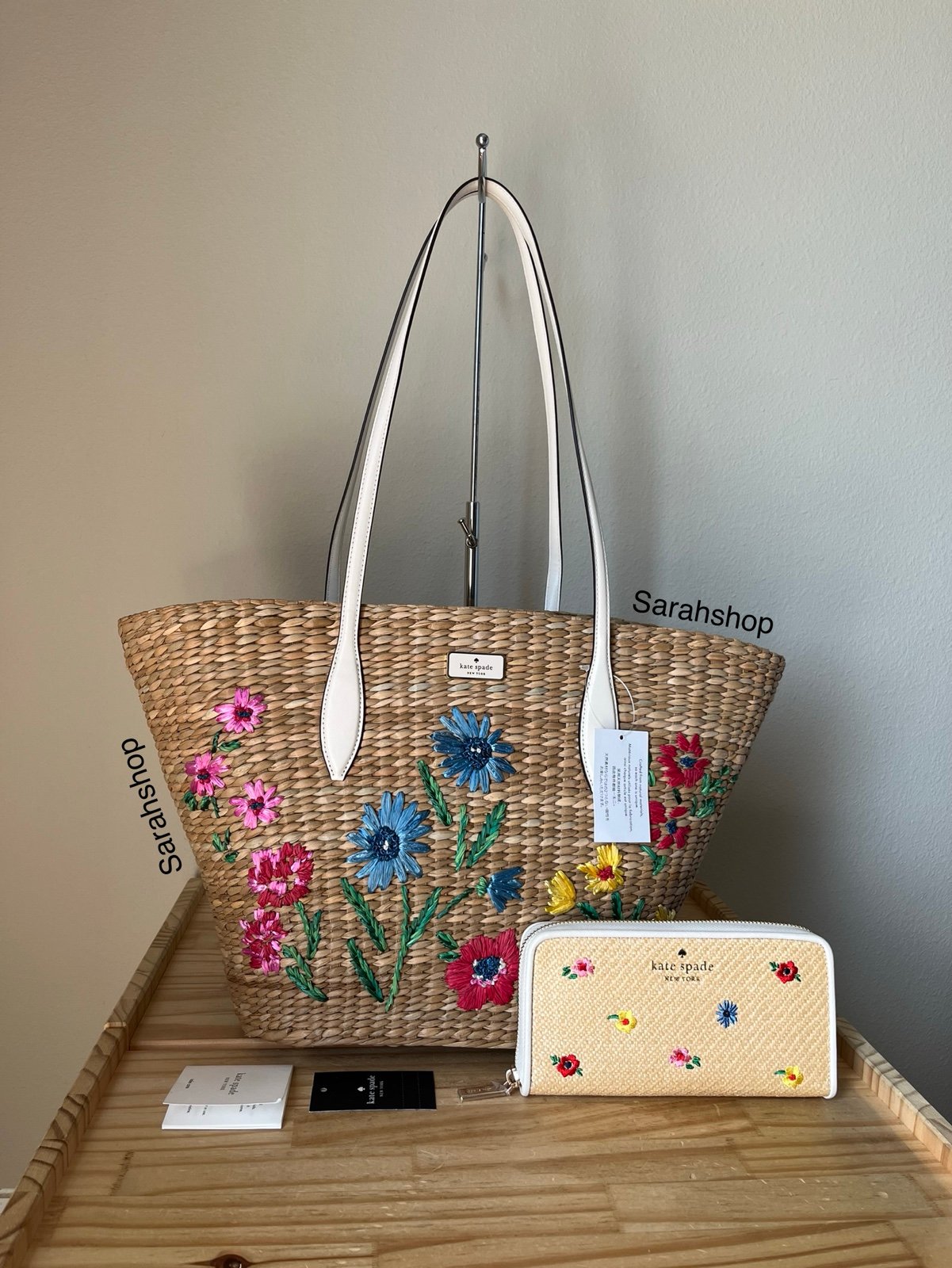 Kate Spade Garden bouquet embroidered straw tote set