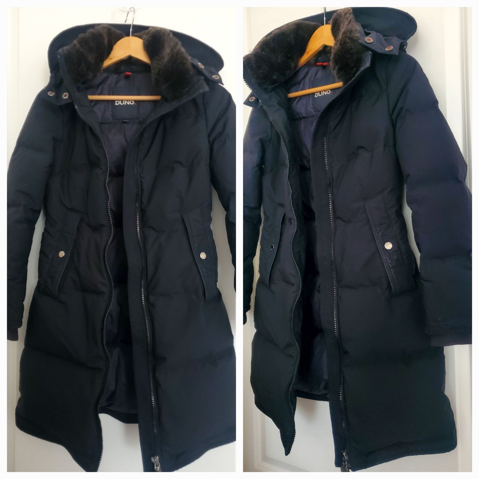 DUNO 100% down Italian design jacket puffer removable hood fur pockets size 40