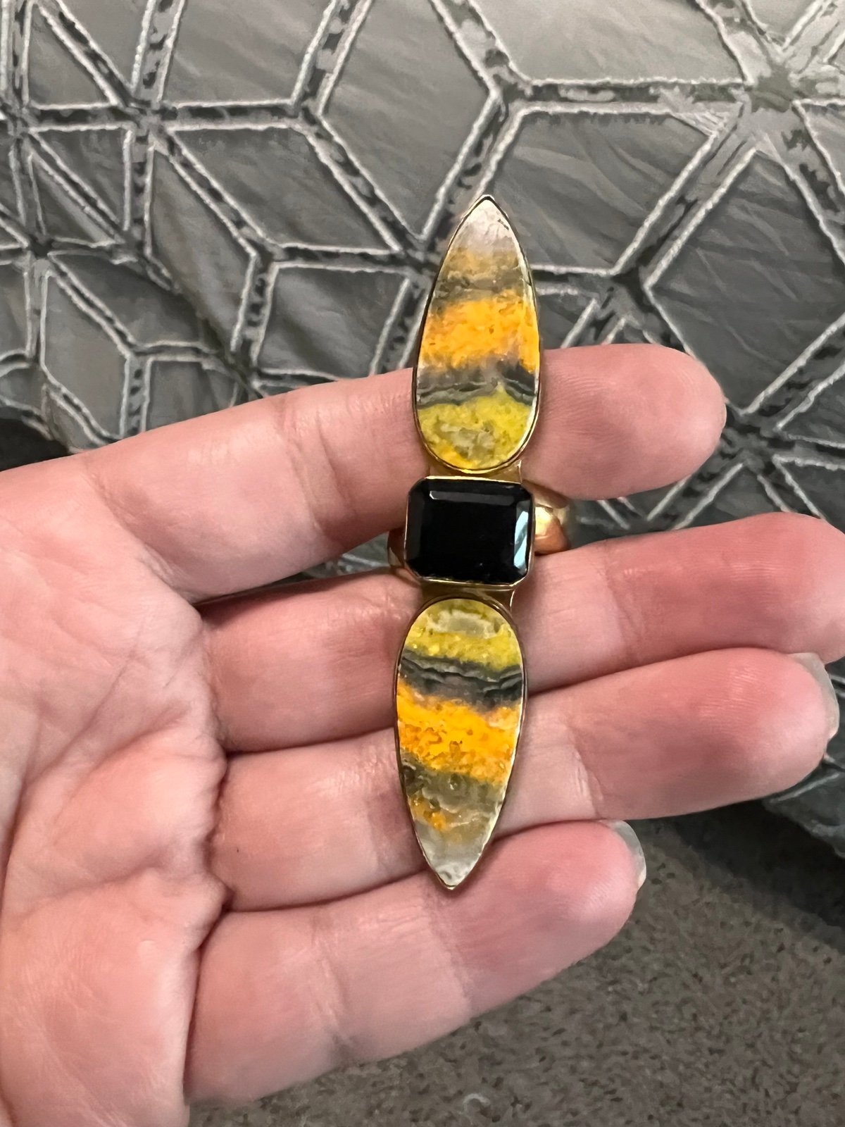 Gorgeous Alchemia gold bumblebee jasper crawler ring