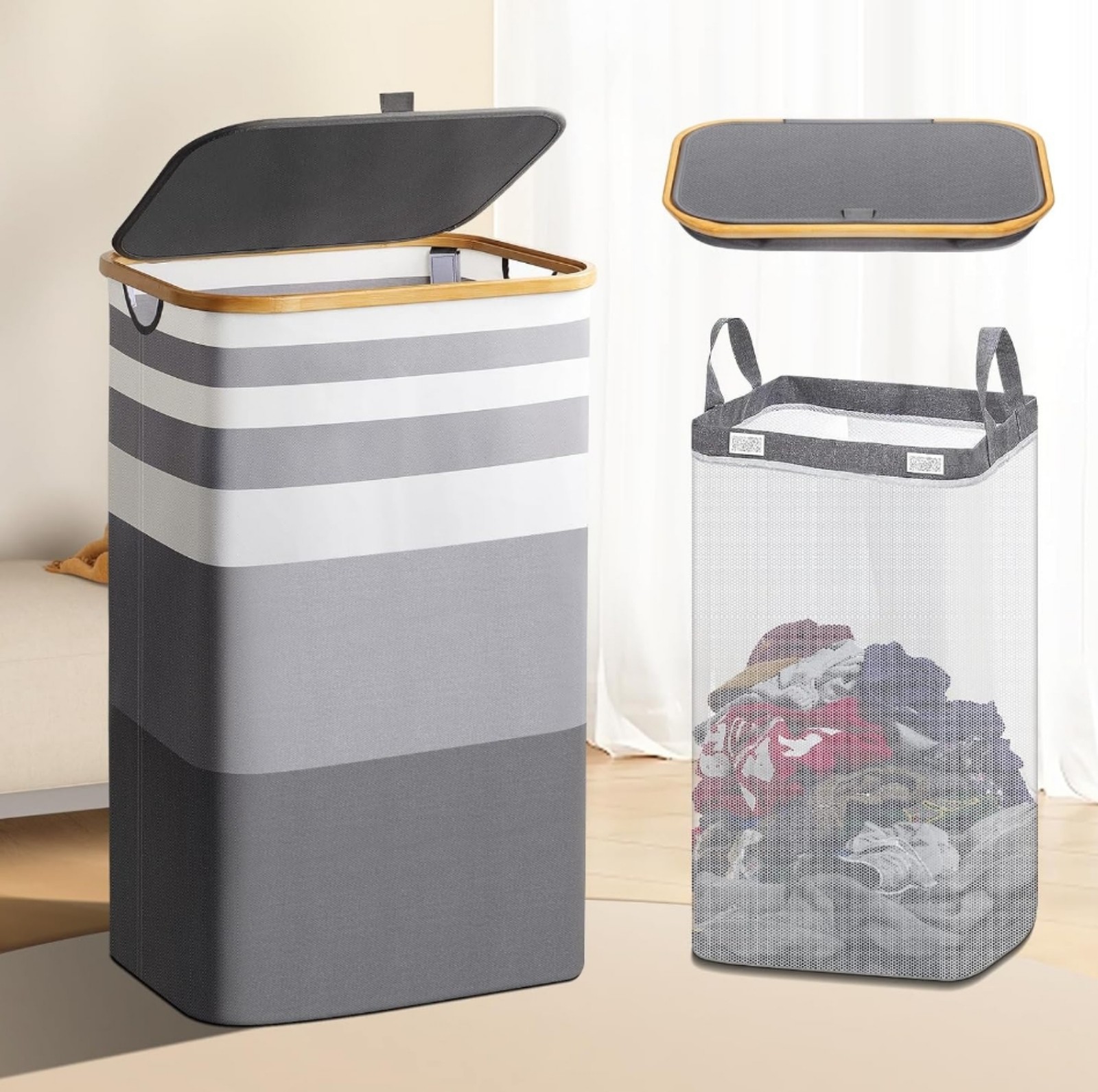 Clothes laundry hamper with lid,110L large dirty laundry hampers with Collapsibl