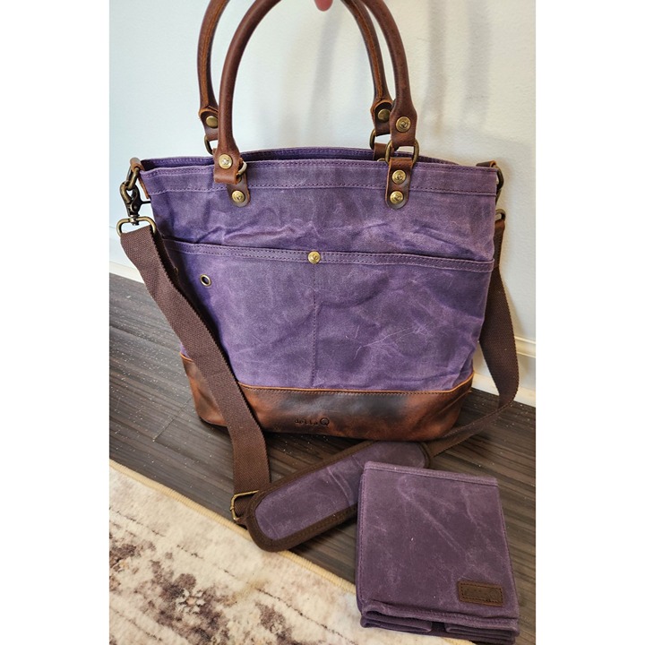 Della Q Maker's Canvas Tote Bag In Purple Wax Canvas Brown Leather