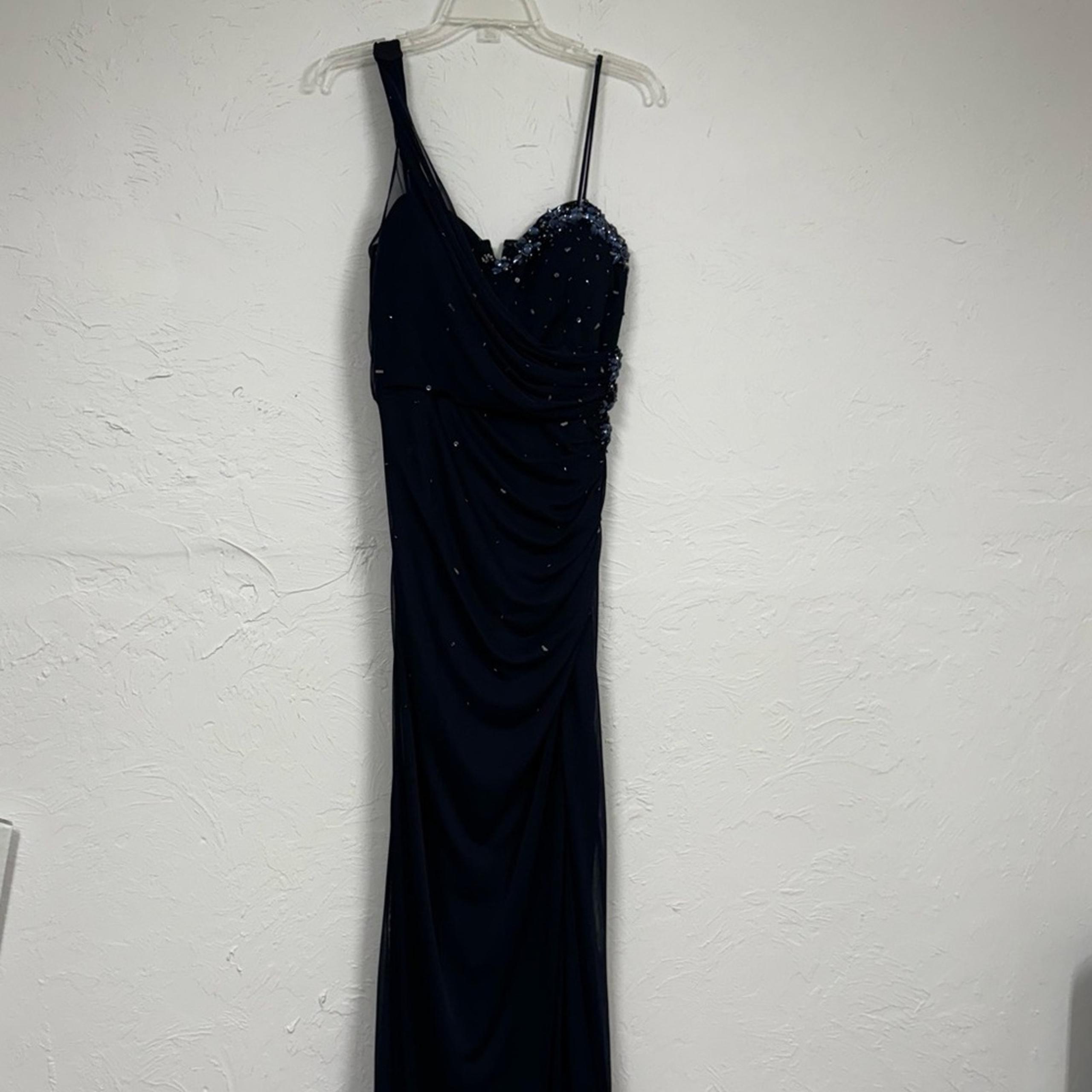 Xscape Blue Sequined One Shoulder Maxi Formal Dress Womens 12 Ruched Bridesmaid