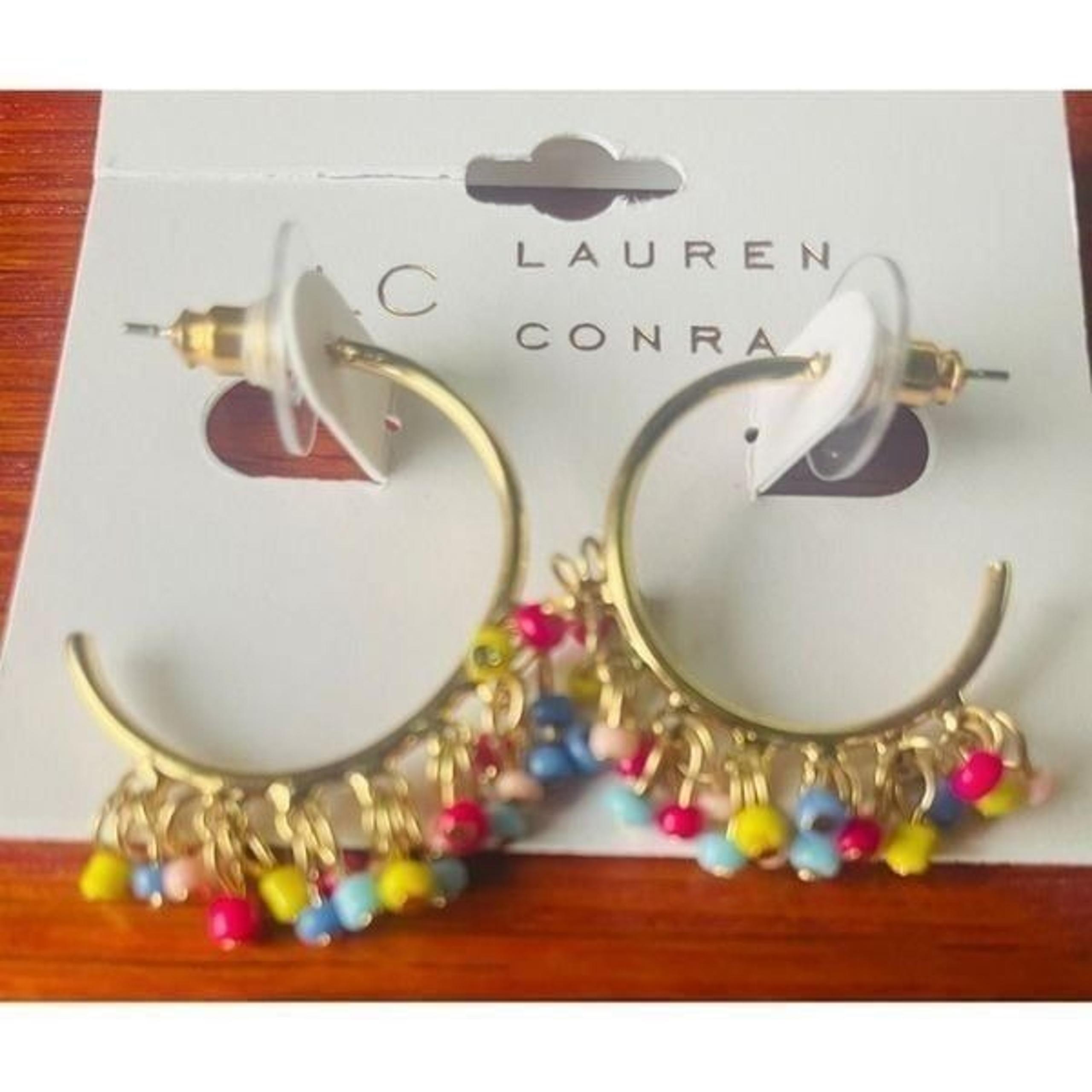 NWT LC Lauren Conrad Orange Gold Hoop Earrings with Red Yellow & Blue Beads