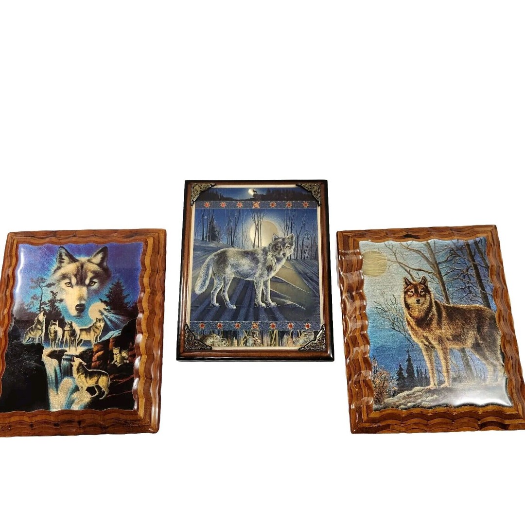 3 Metallic Lacquered Art Wooden Majestic Wolves Wolf & Moon Stream Wall Art USA