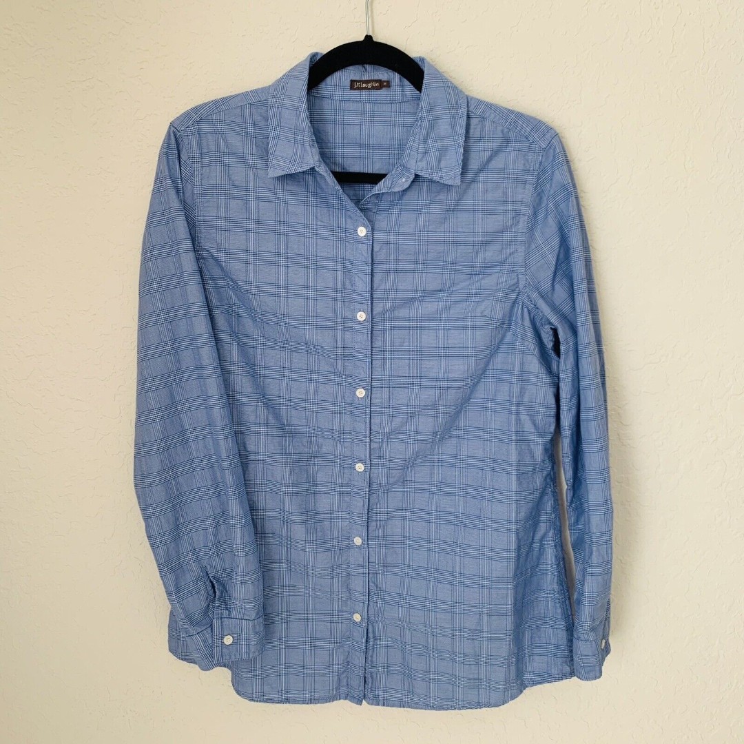 J McLaughlin Lois Shirt M Blue Glen Plaid Button Up Career Preppy Luxury Resort