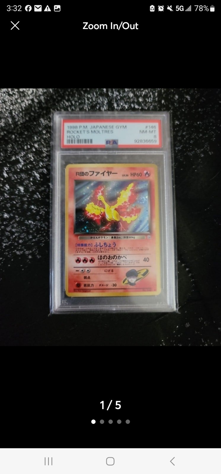 POKEMON GRADED 1998 P.M. JAPANESE GYM ROCKETS MOLTRES HOLO WITH SWIRL GRADED 8