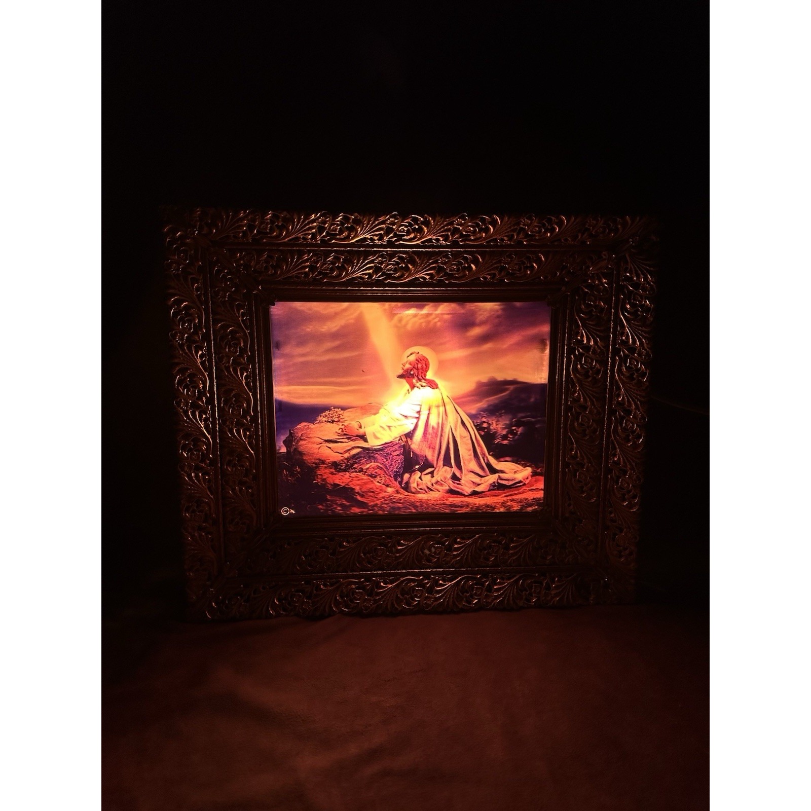 Vintage Jesus Holographic Light Up Picture Filigree PH Working 14.75x 12.75x 5.5