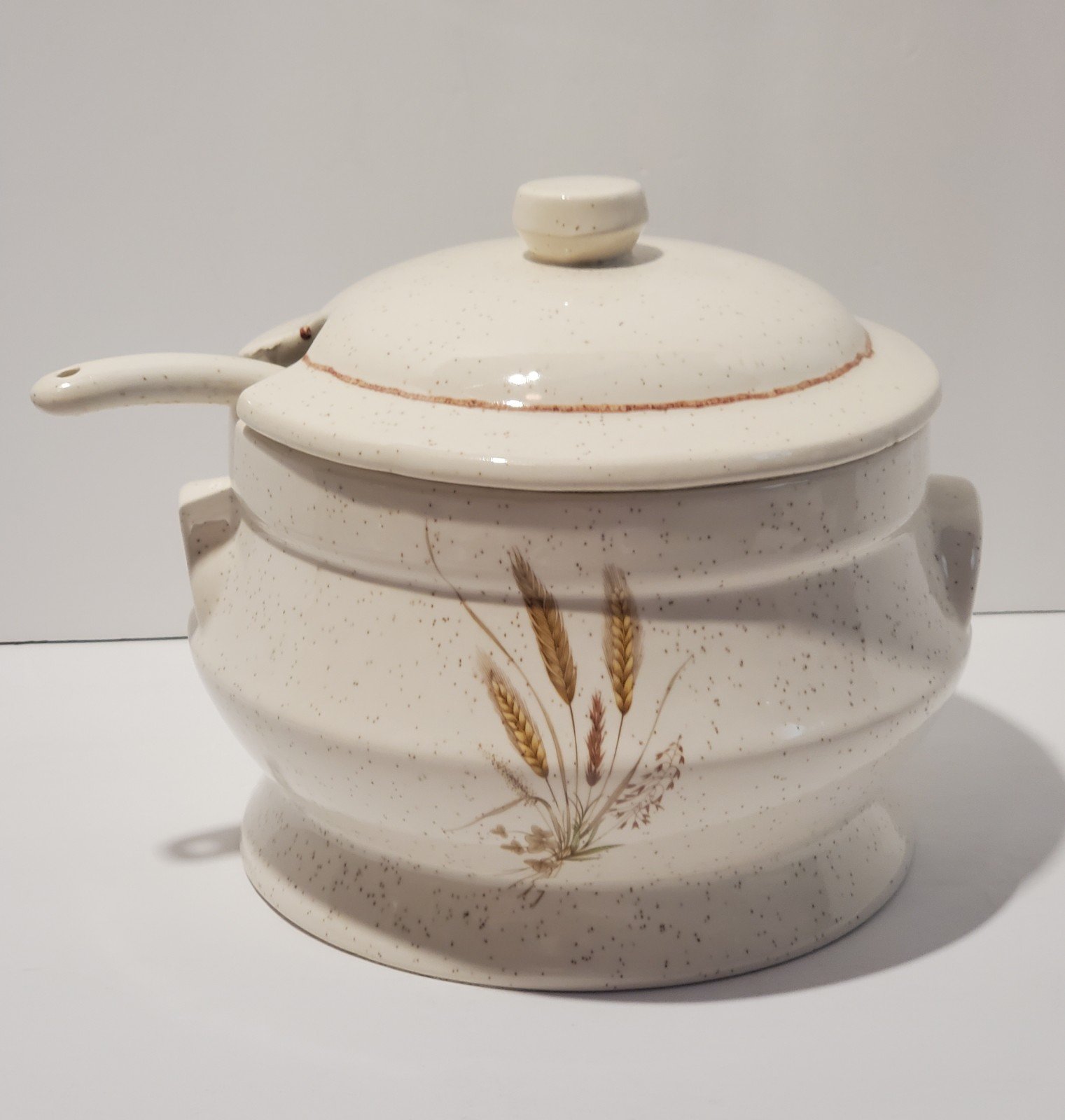 Vintage Treasure Craft Soup Tureen w/Matching Ladle Speckled Ceramic Wheat Desgn