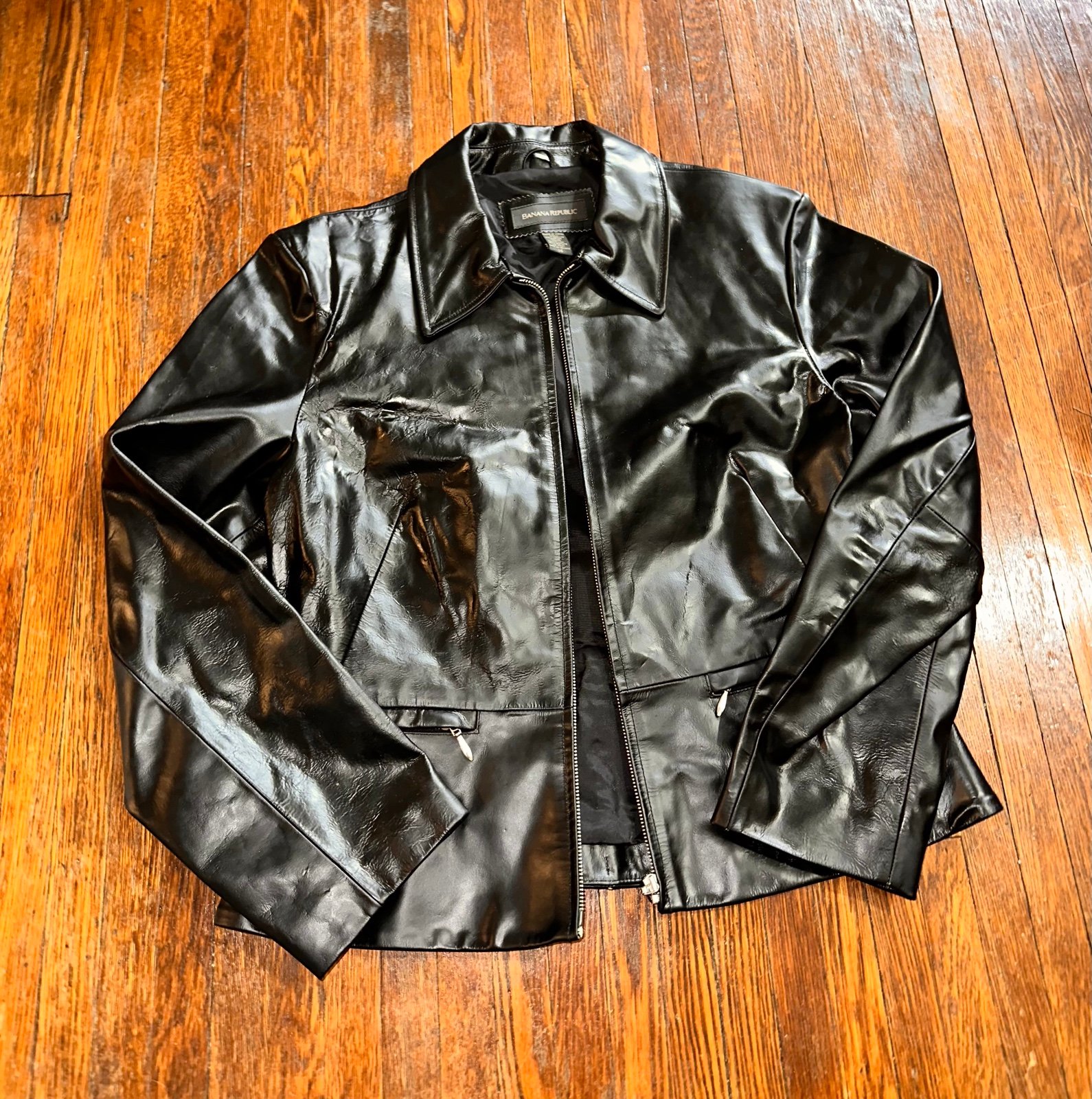 Vintage Y2K Banana Republic Black Leather Zipped Jacket Size 14